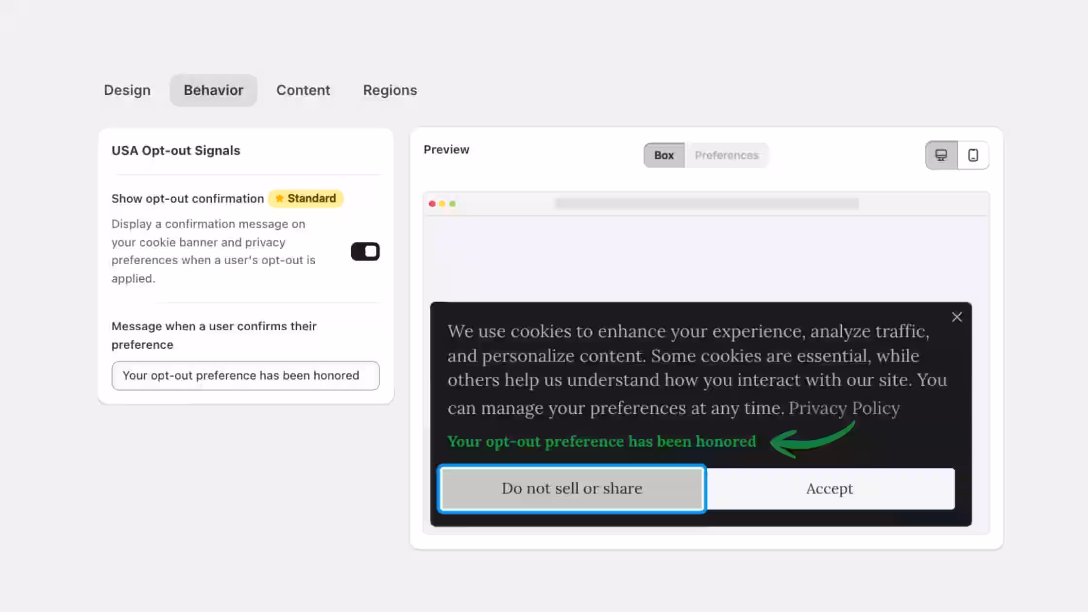 USA Opt-out Signals behavioral configuration dashboard displaying an active confirmation toggle alongside a live storefront preview showcasing an honored preference alert.