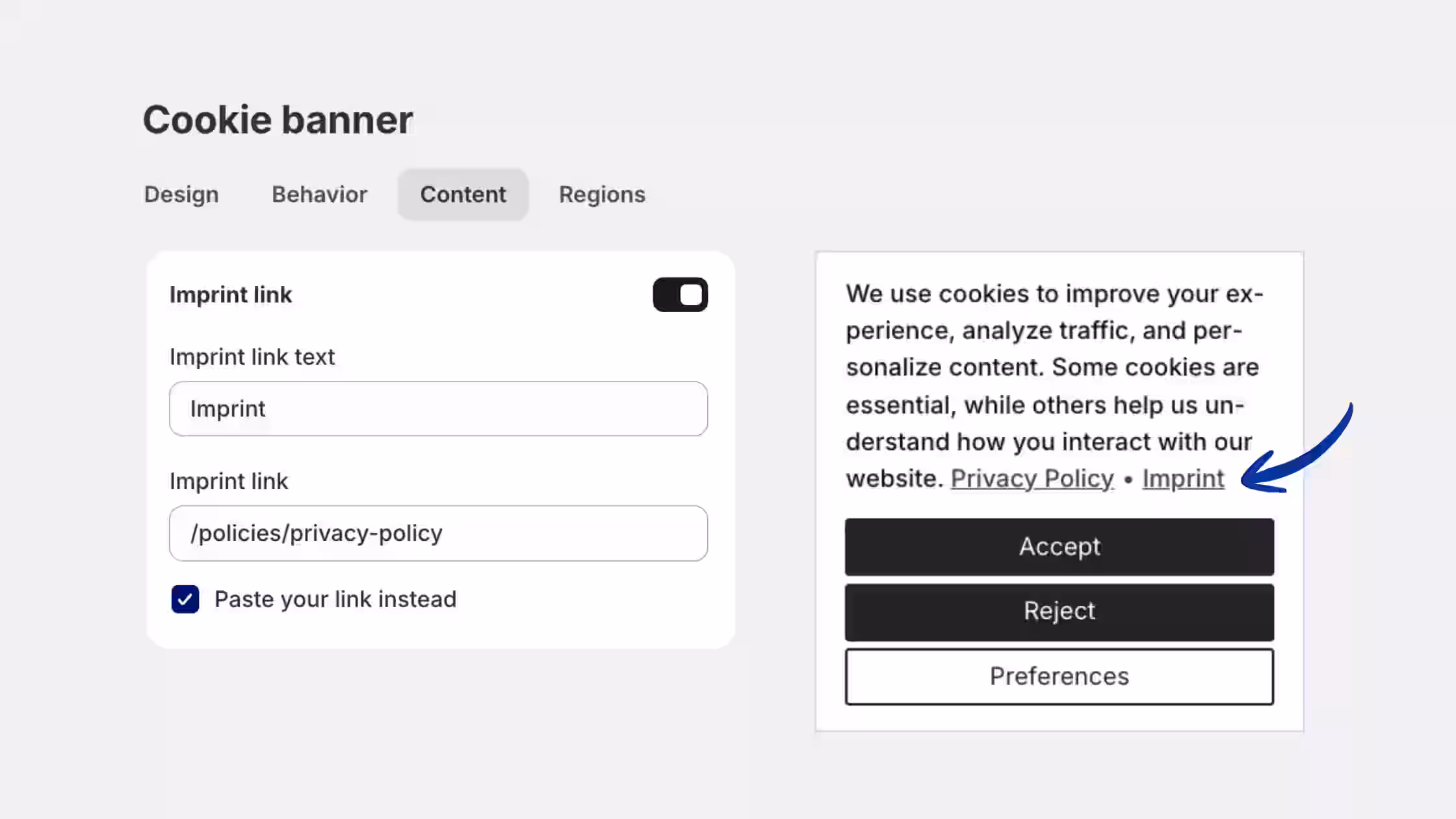 Cookie banner content configuration dashboard featuring an active Imprint link toggle, custom text input, and a URL routing field next to a live preview displaying the legal hyperlink integrated inside the banner copy.