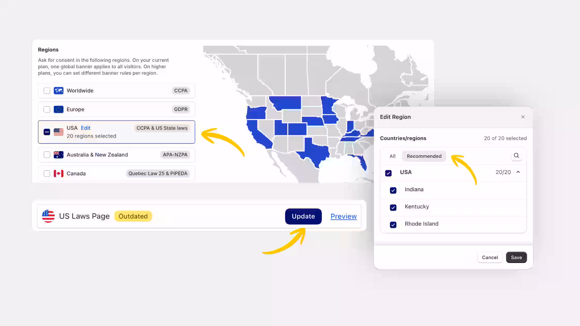 Regional privacy target configuration panel displaying an overlay map of the United States, showcasing a regional selection modal targeting 20 specific US state laws alongside an update prompt for the US Laws Page.