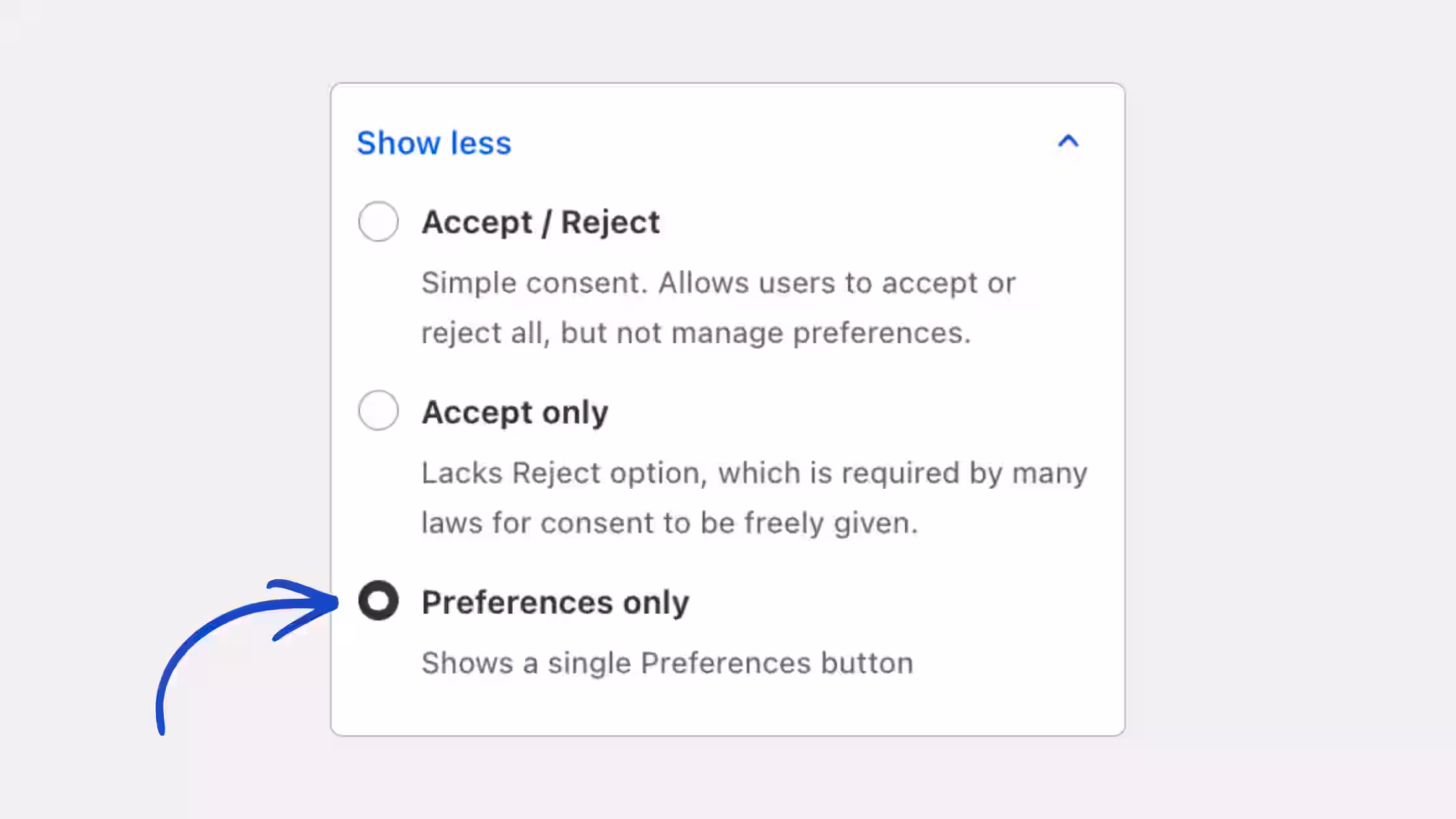 Consent banner button configuration menu with Preferences only selected, which hides standard quick-actions to display a single Preferences panel button instead of traditional Accept or Reject choices.