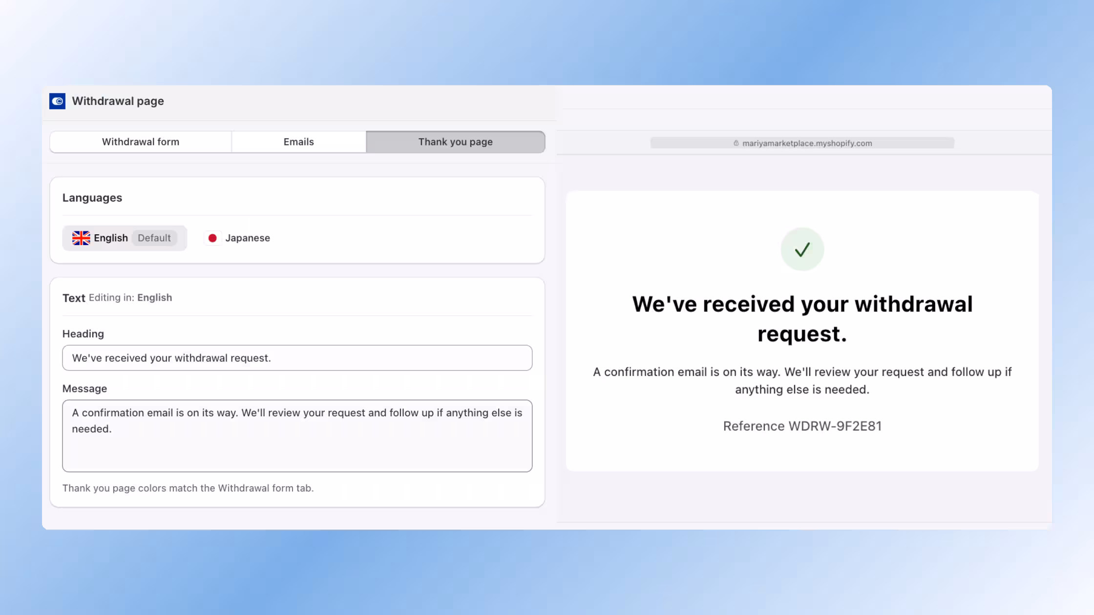 An administrative dashboard for the "Withdrawal page" active on the Thank you page tab.