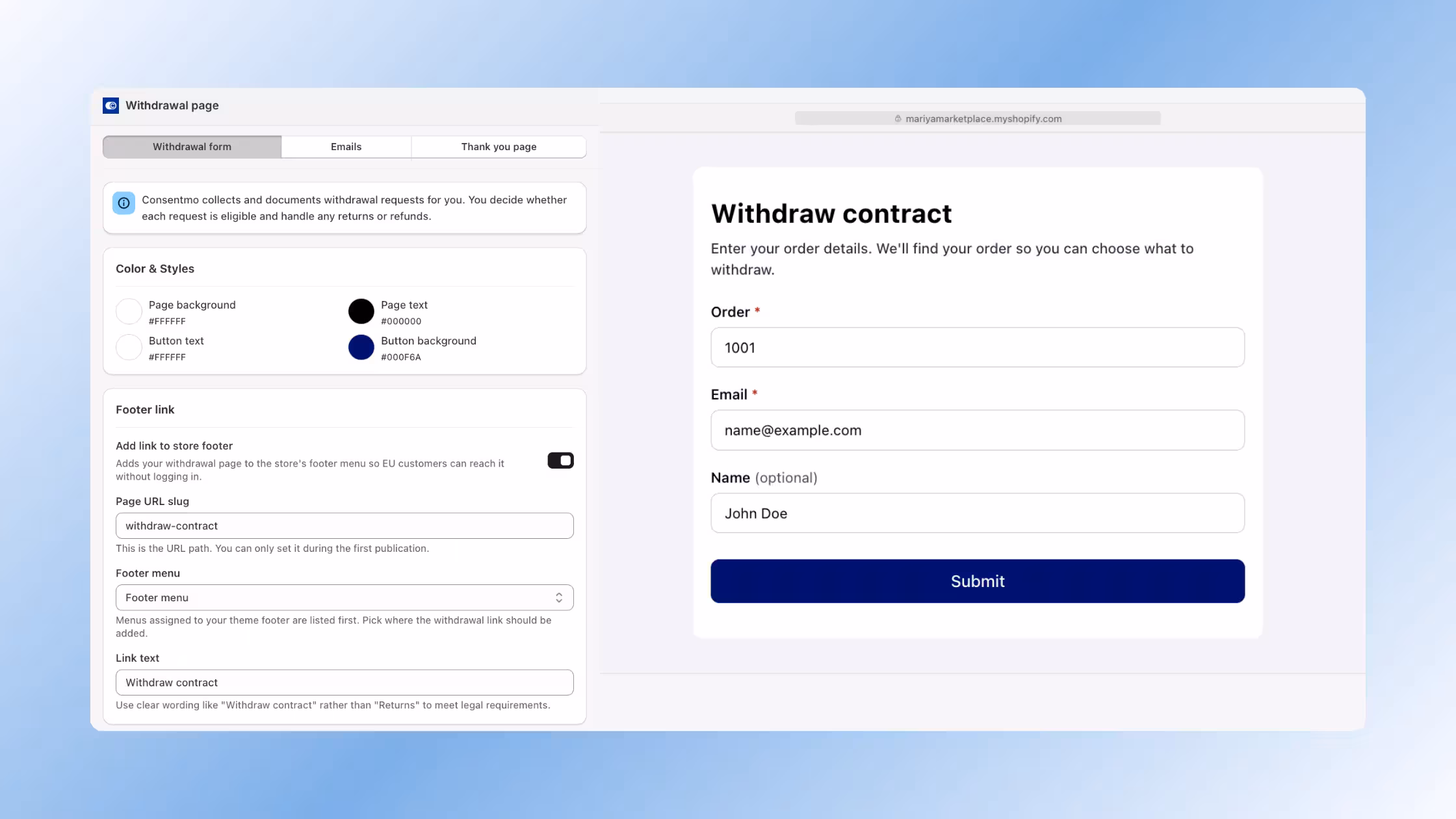 An administrative configuration panel for the "Withdrawal page" dashboard active on the Withdrawal form tab. The interface provides styling, layout, and placement tools to help e-commerce store owners collect and manage consumer contract cancellation requests.