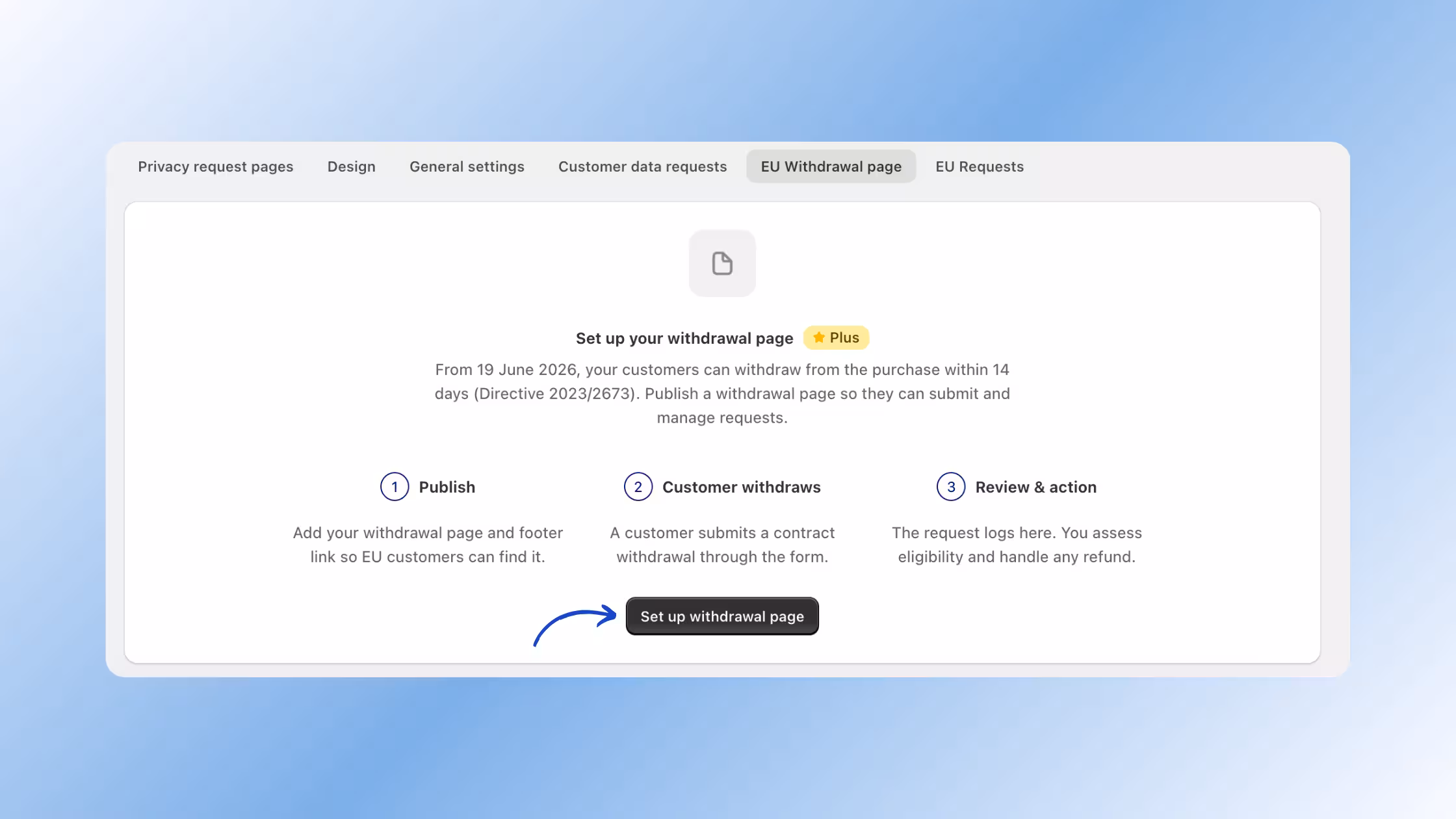 Administrative dashboard open to the EU Withdrawal page tab, outlining a three-step configuration workflow (Publish, Customer withdraws, Review & action) alongside a prominent Set up withdrawal page button to ensure store compliance with European consumer directives.