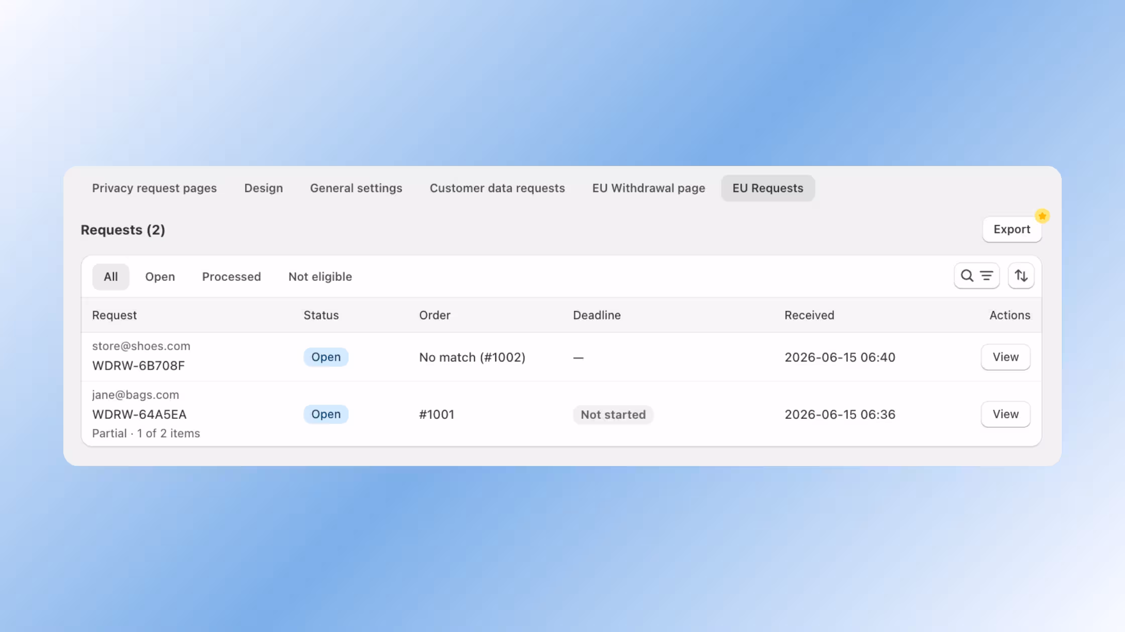 Administrative dashboard active on the EU Requests tab, displaying a tracking log of submitted contract cancellation requests with data filters for Open, Processed, and Not eligible entries. The table captures key operational details including customer email addresses, request reference alphanumeric codes, matching order statuses, processing deadlines, and exact submission timestamps.