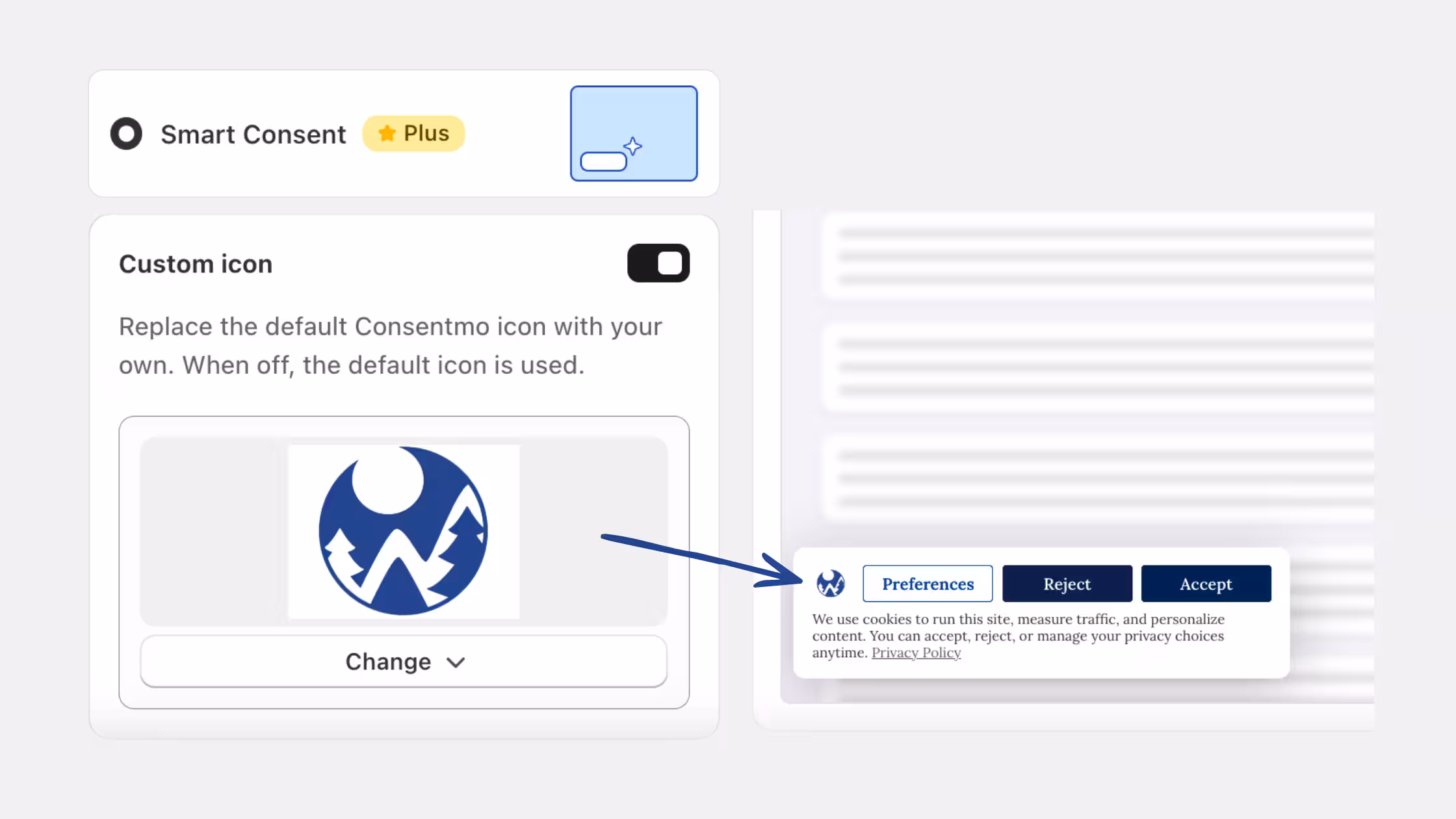 An administrative setup panel for the "Smart Consent" feature showcasing a "Custom icon" toggle switch. This setting allows merchants to upload and swap out the default Consentmo branding with their own custom business logo.
