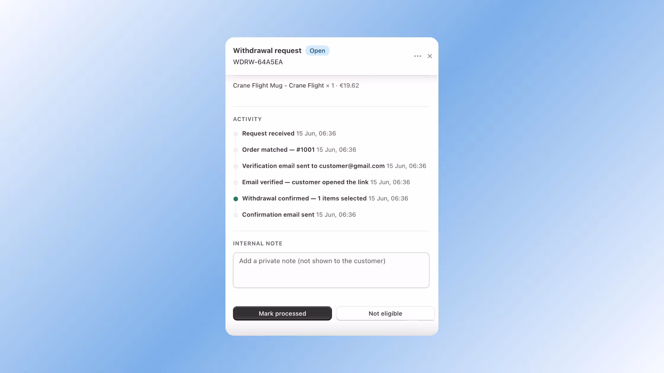 Tracks the complete lifecycle of the request with sequential timestamps, including when the request was received, order matching (#1001), verification email dispatch, customer verification, and final confirmation.