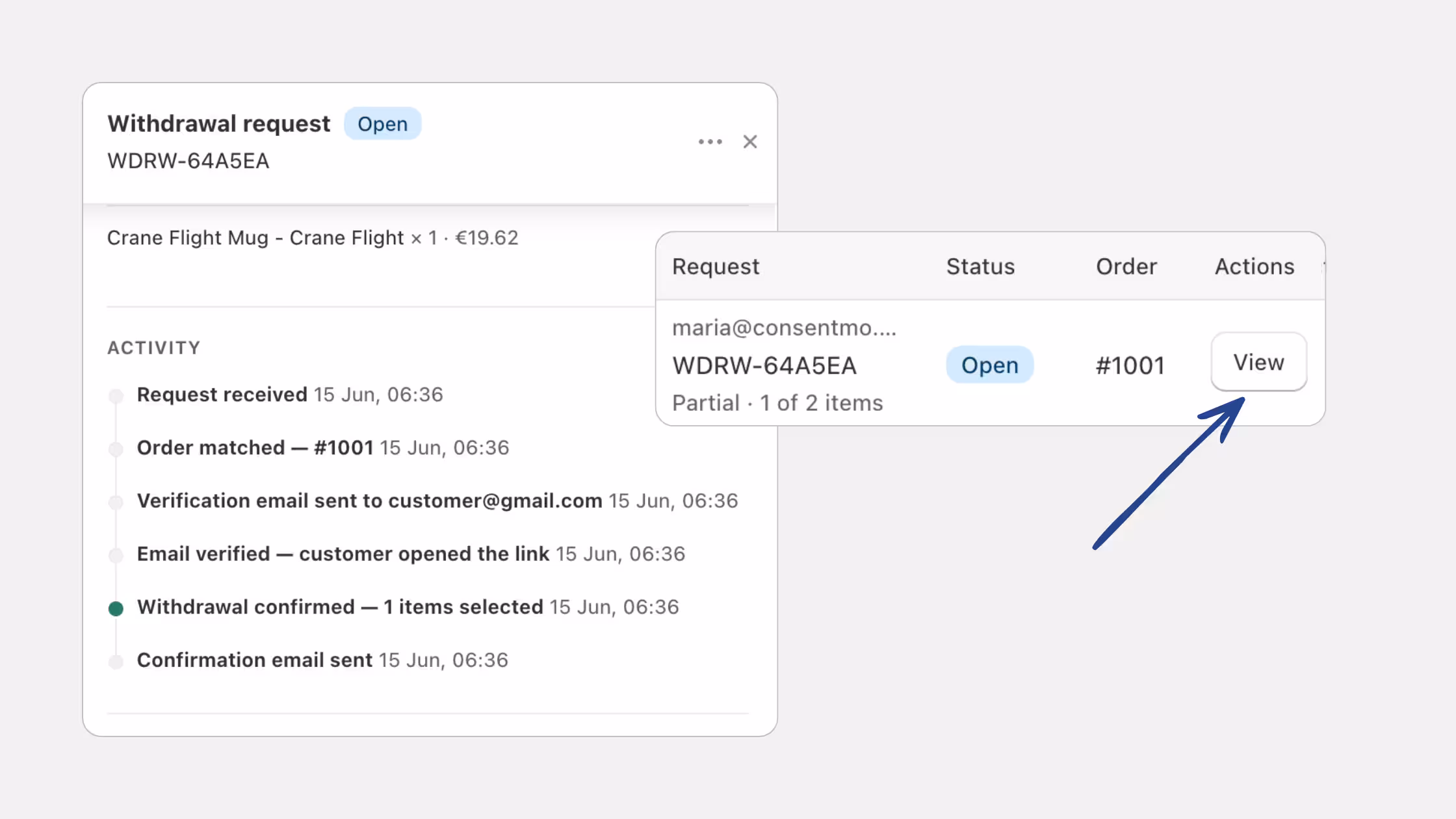 An administrative interface preview demonstrating the workflow to access detailed contract cancellation data from the main log.