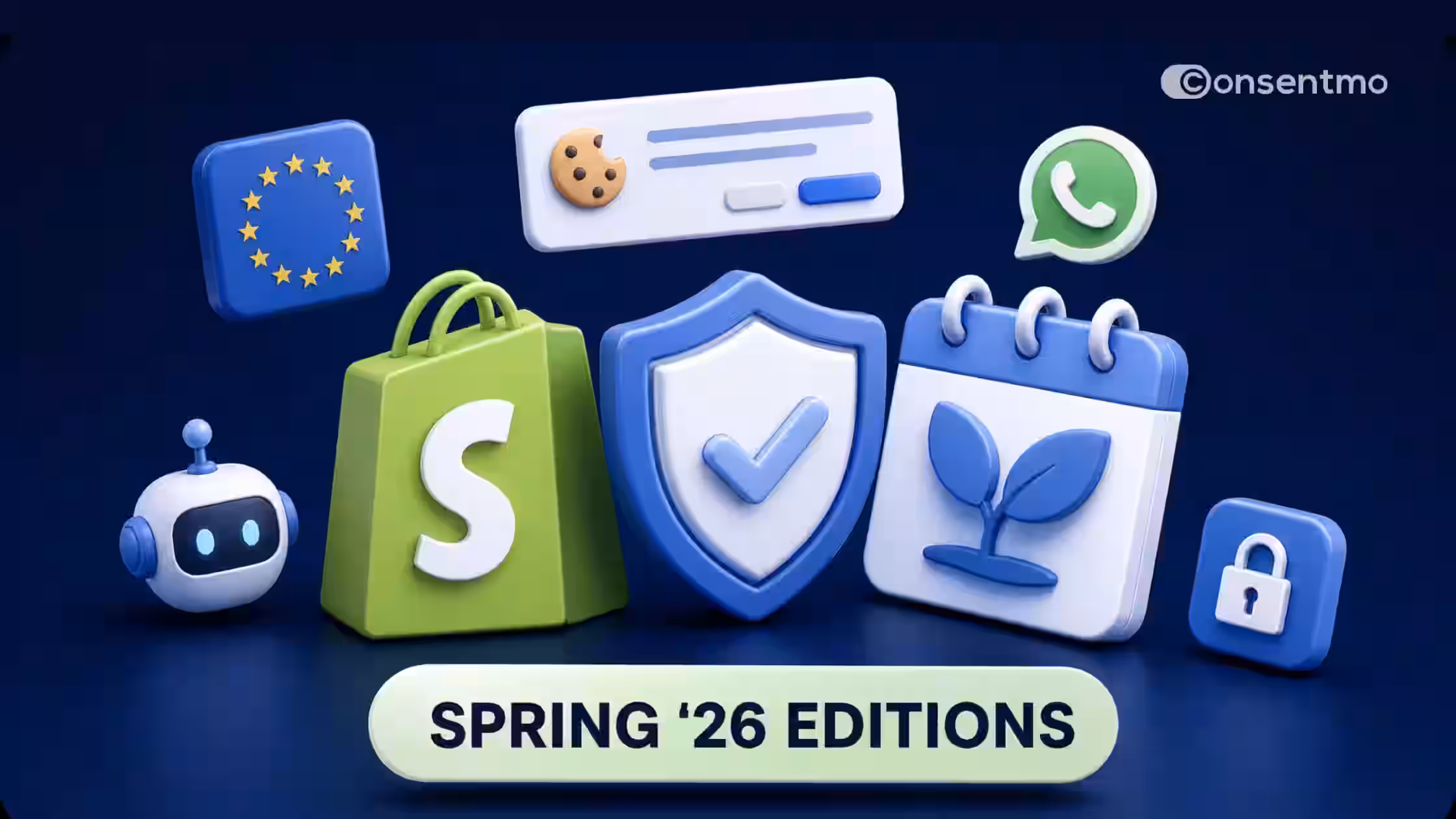 A 3D stylized promotional image branded by Consentmo in the top-right corner, featuring a central text badge that reads "SPRING '26 EDITIONS" against a dark blue background.