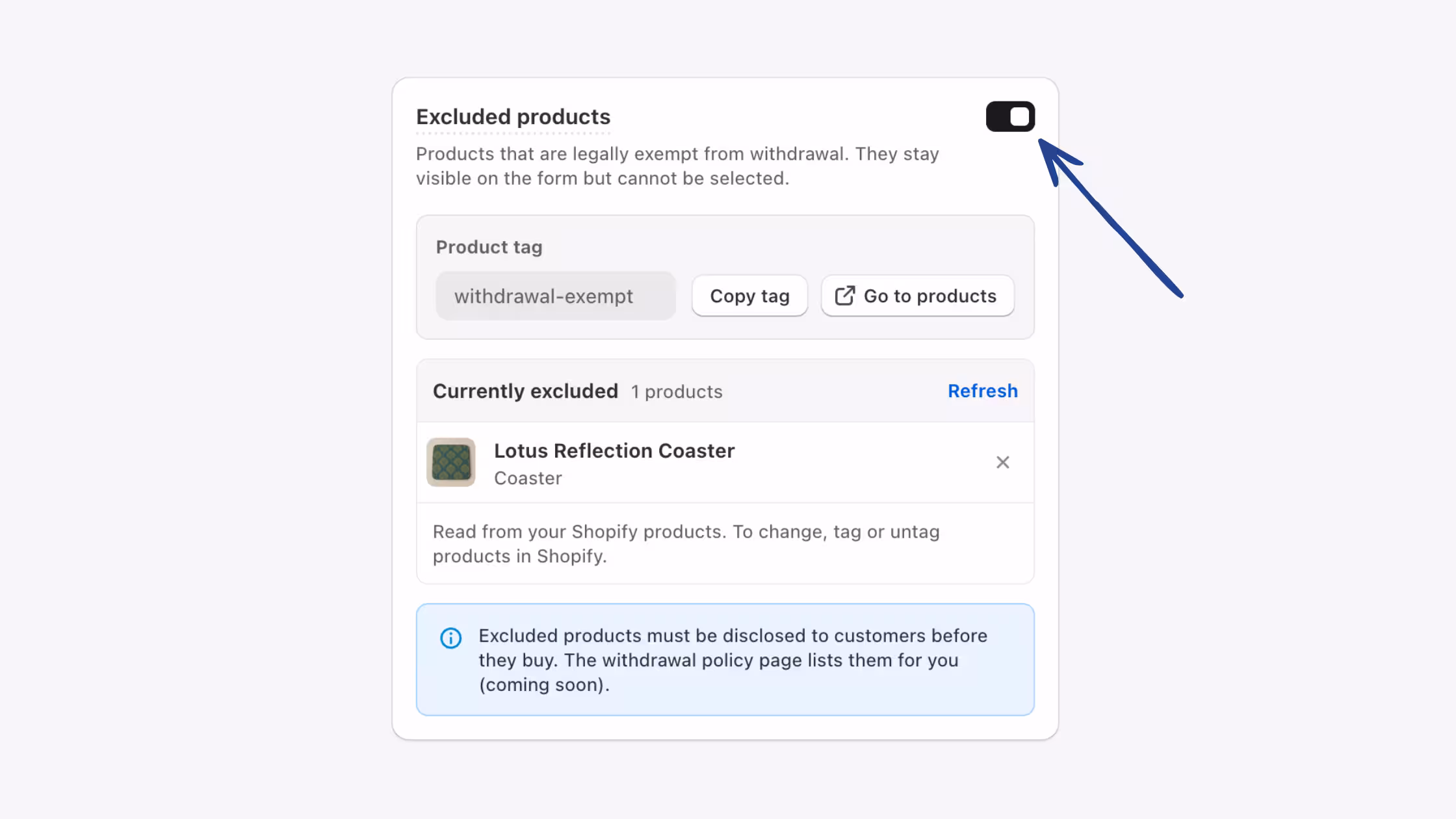 An administrative card setting in the dashboard designed to manage items legally exempt from contract cancellation.