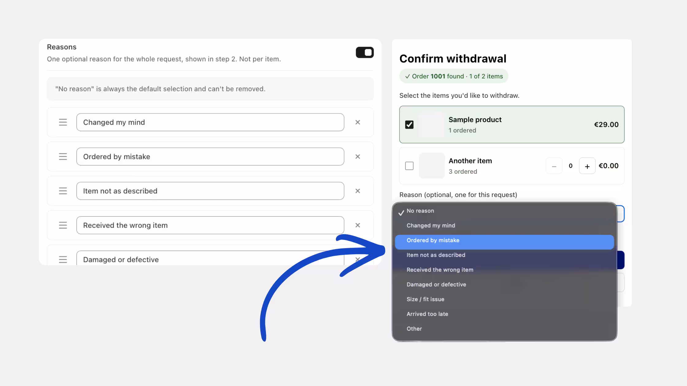 App screenshot of Collect withdrawal reasons with ready-made, fully translatable options.