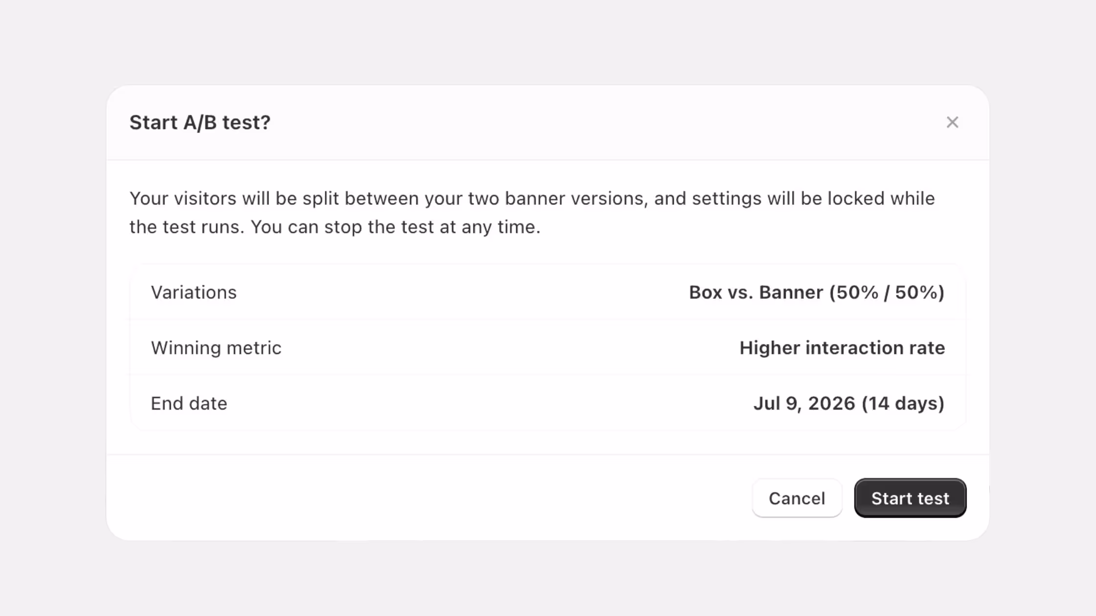 Modal window titled Start A/B test showing test configurations including Variations with a Box vs. Banner 50/50 split, Winning metric set to Higher interaction rate, an End date, and Cancel and Start test buttons.