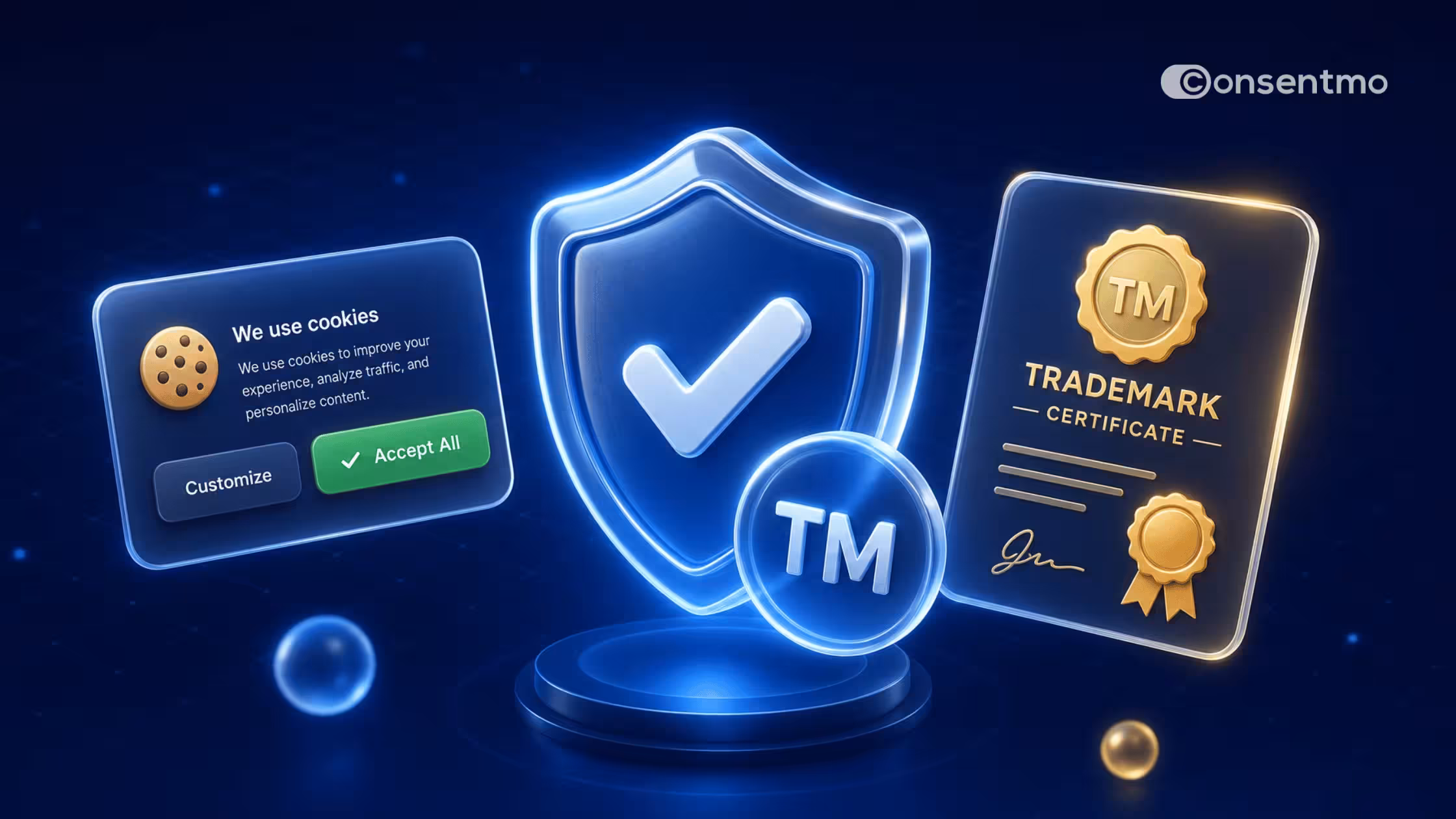 Cookie consent banner, privacy shield, and trademark certificate representing brand protection and compliance.