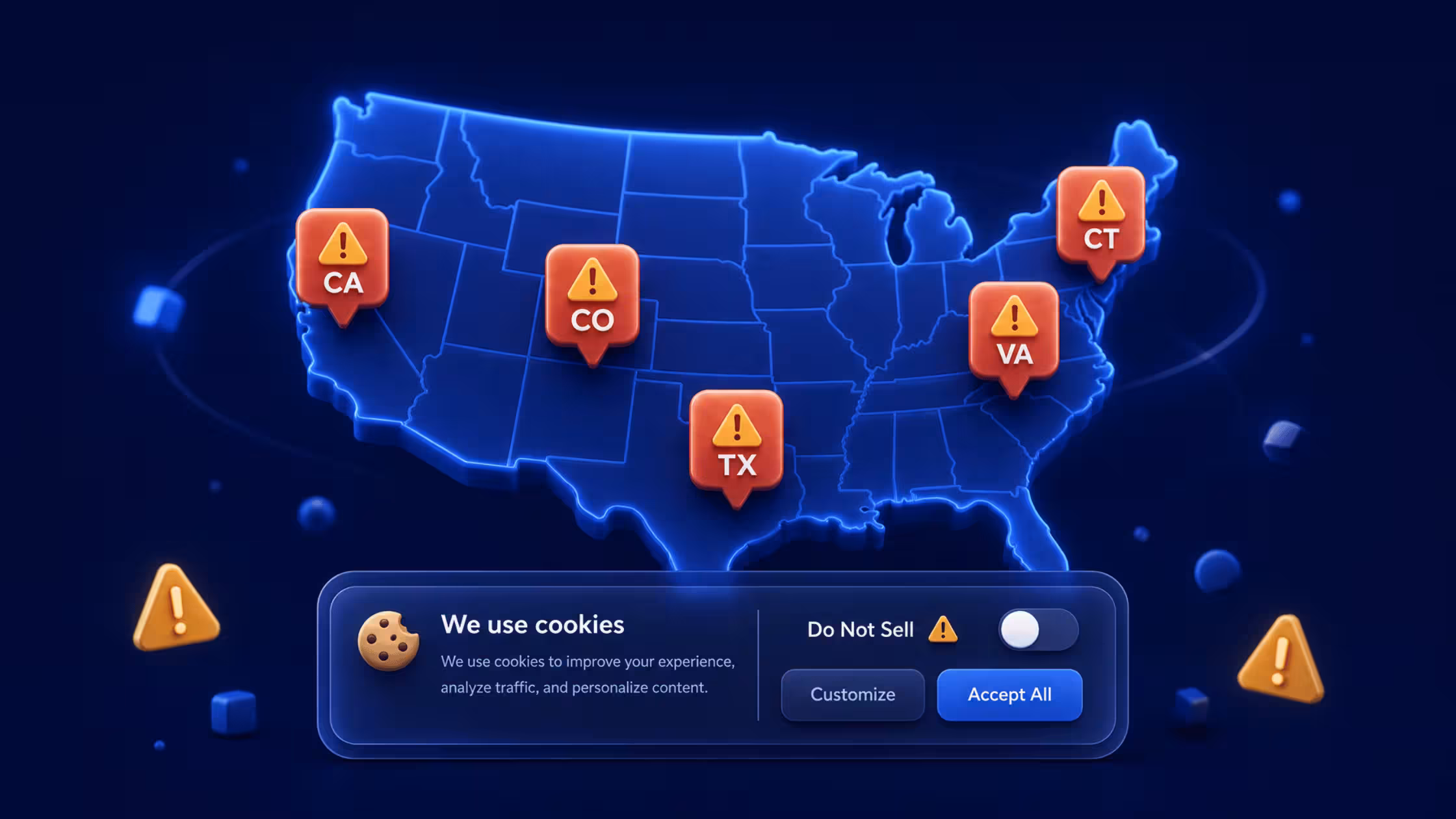 US privacy compliance map with cookie banner and state law alerts for CA, CO, TX, VA, and CT.