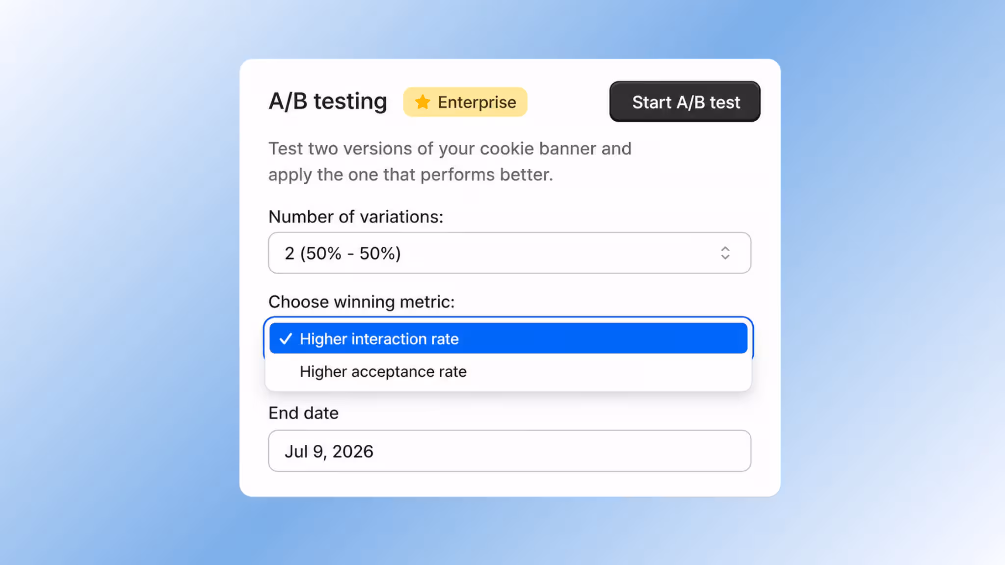 A/B testing winning metric options for a Consentmo cookie banner.