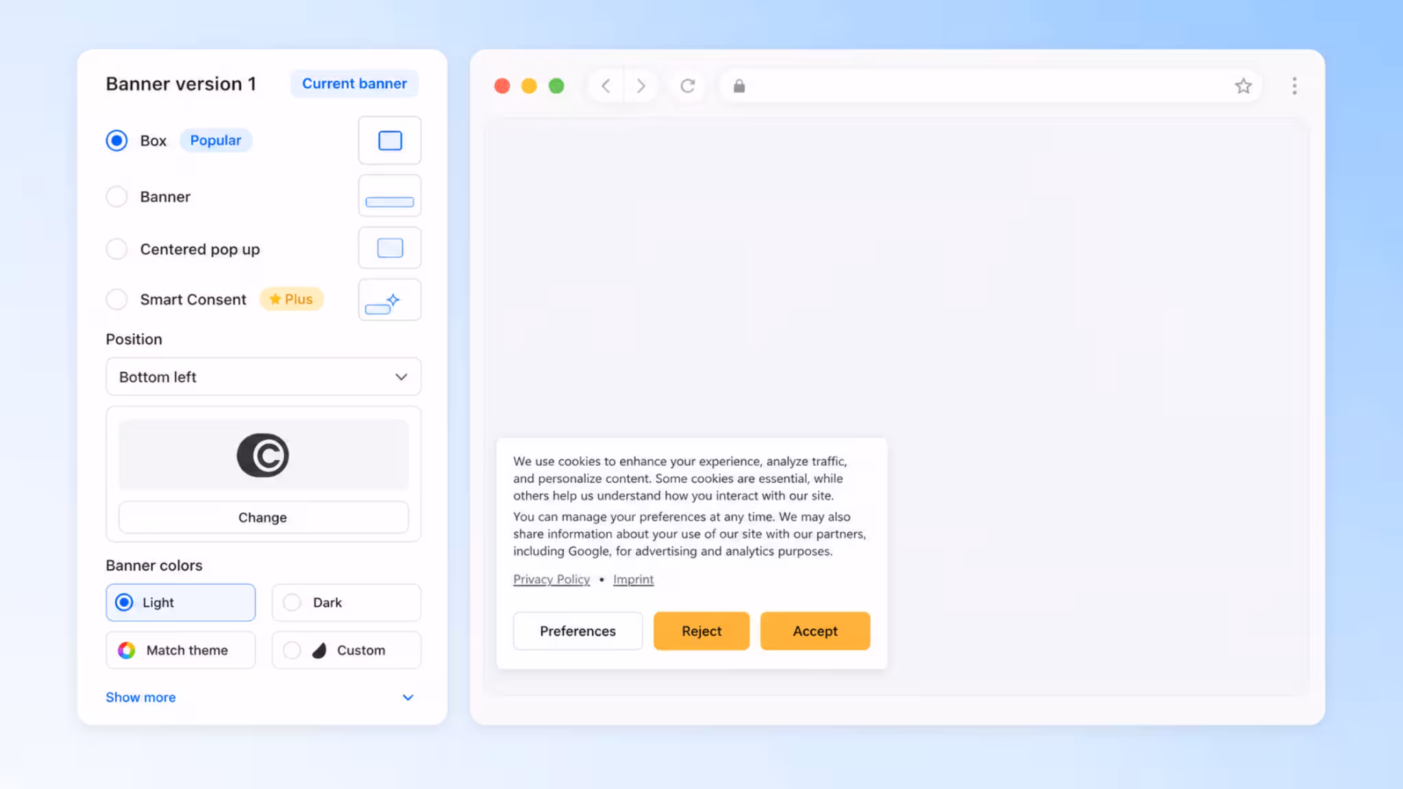 Cookie banner design settings with live preview inside the Consentmo app.
