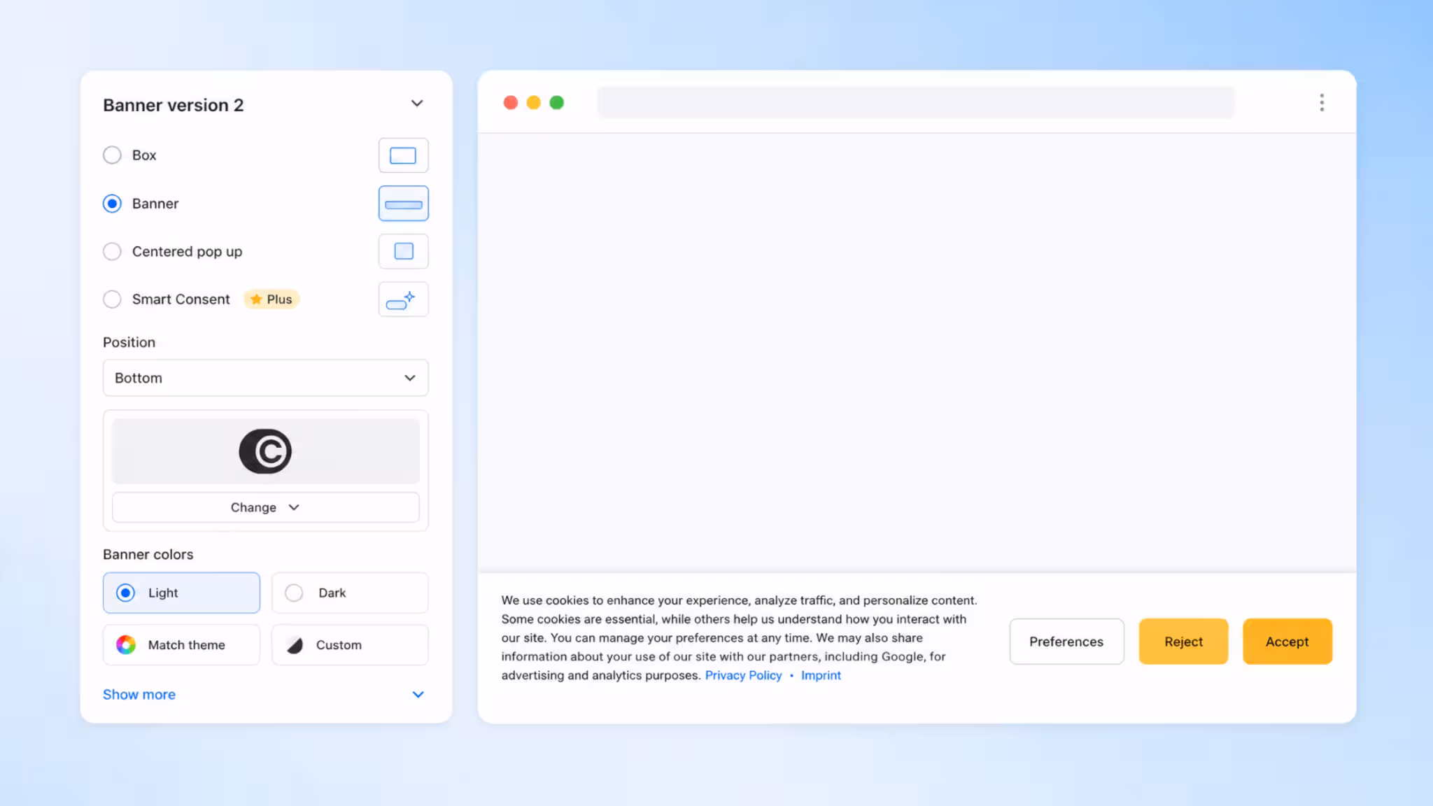 Banner version 2 settings with bottom cookie banner preview in Consentmo.