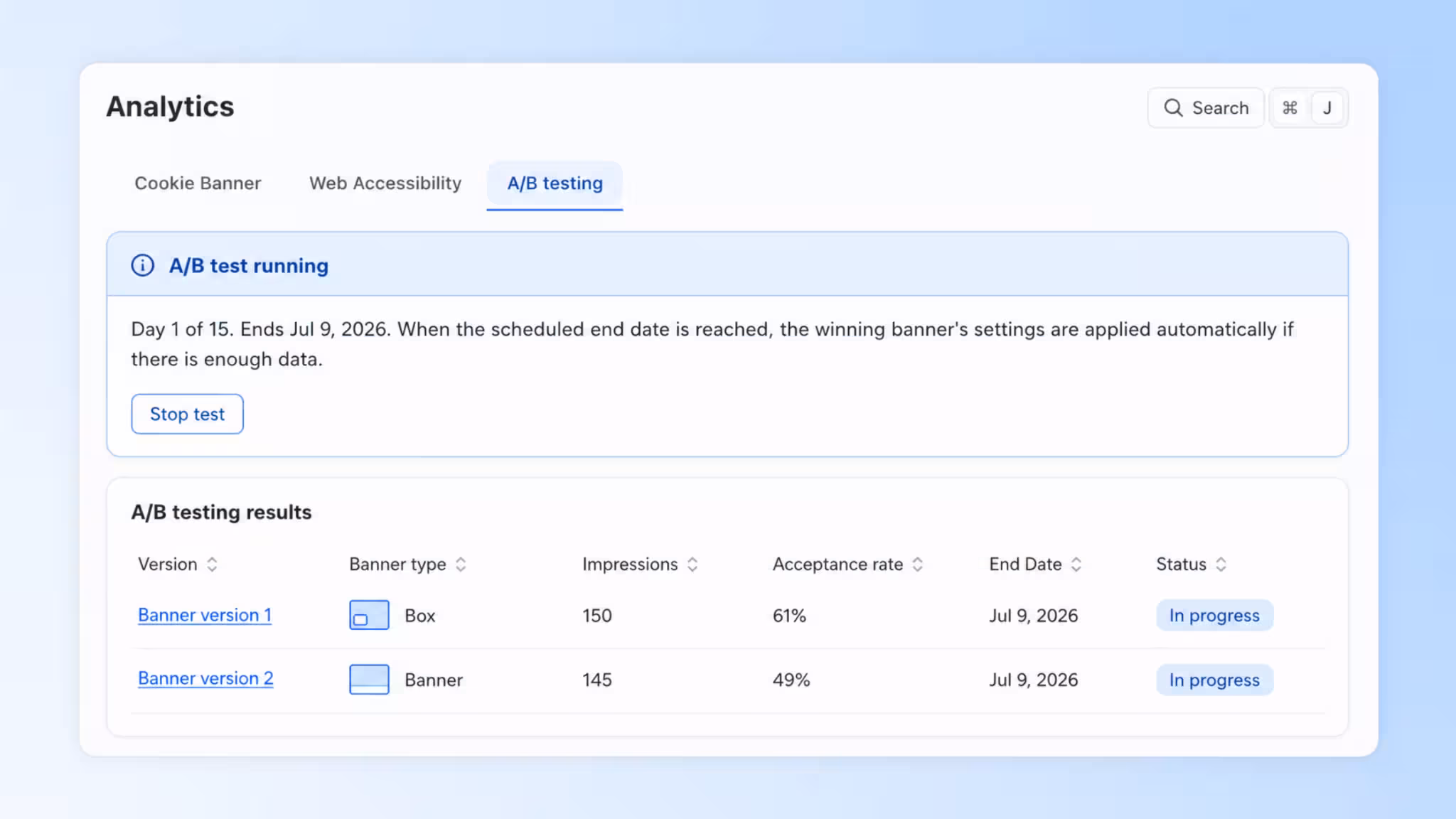 A/B testing analytics showing running cookie banner test results in Consentmo.
