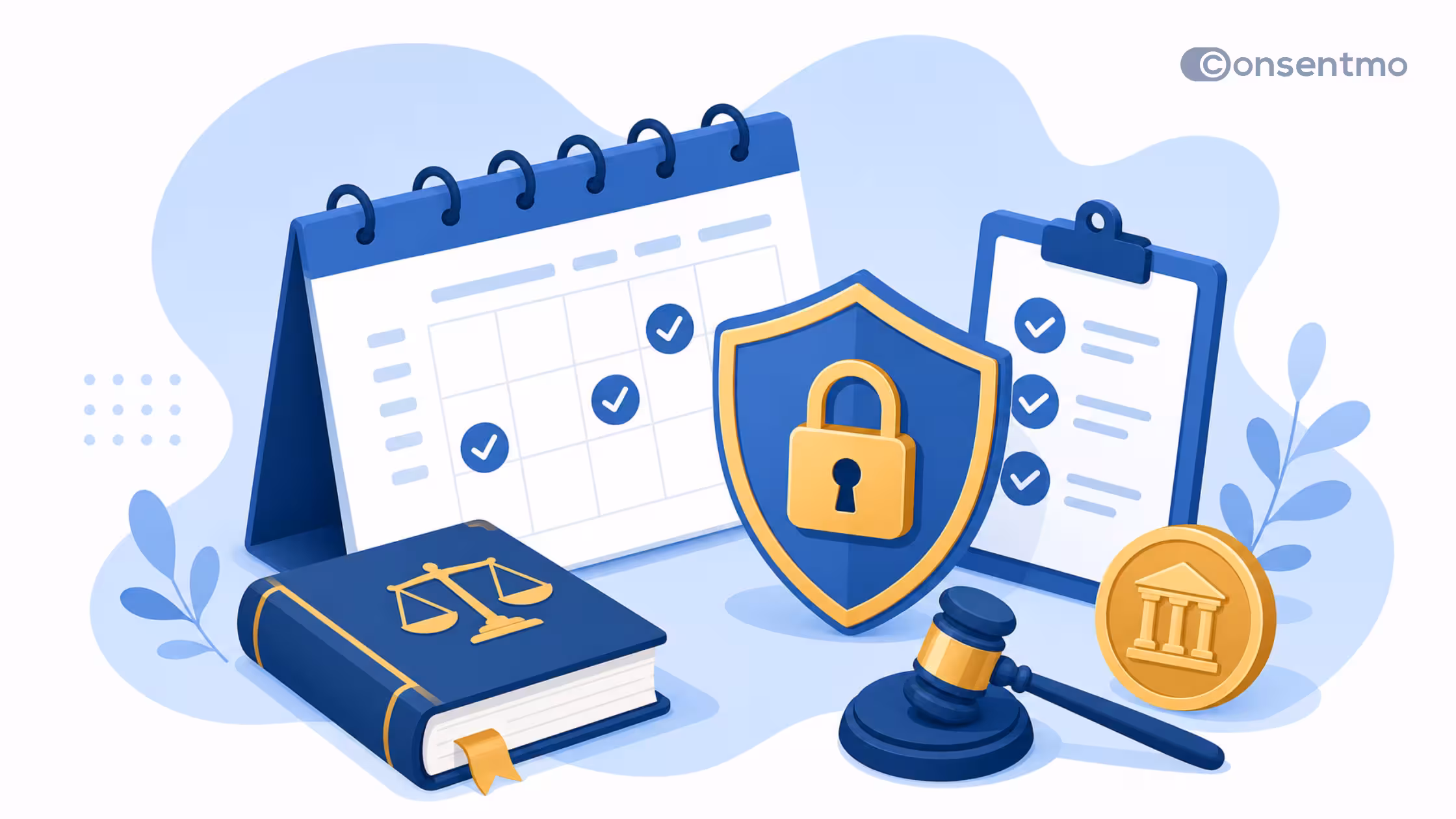 Compliance illustration with privacy shield, legal documents, calendar, and checklist.