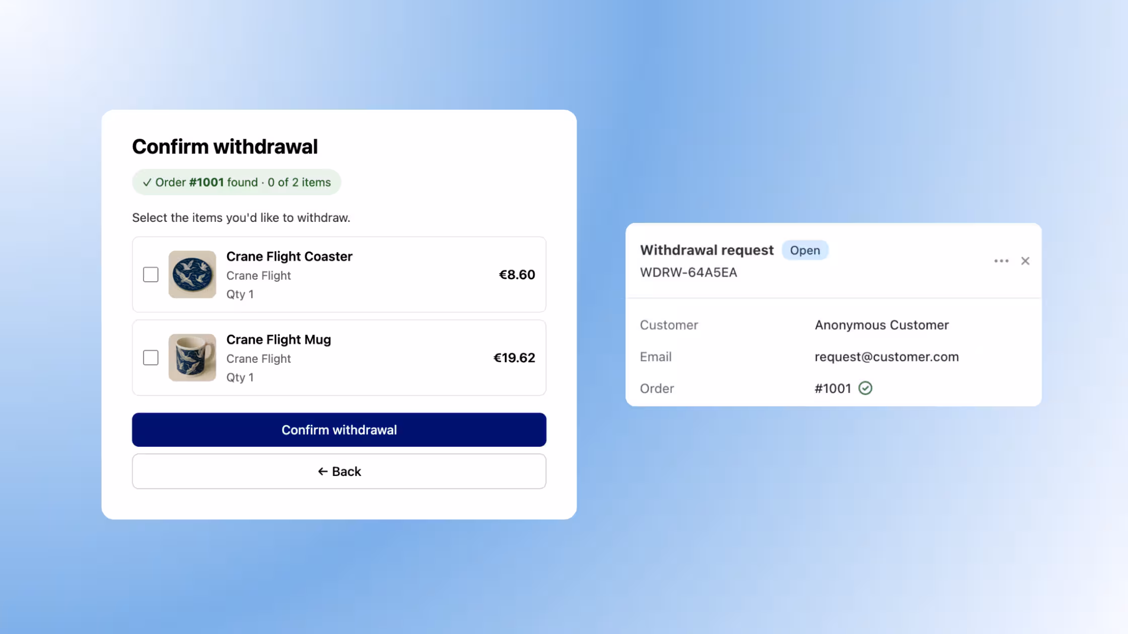 EU withdrawal request form and merchant dashboard for managing customer withdrawal requests.