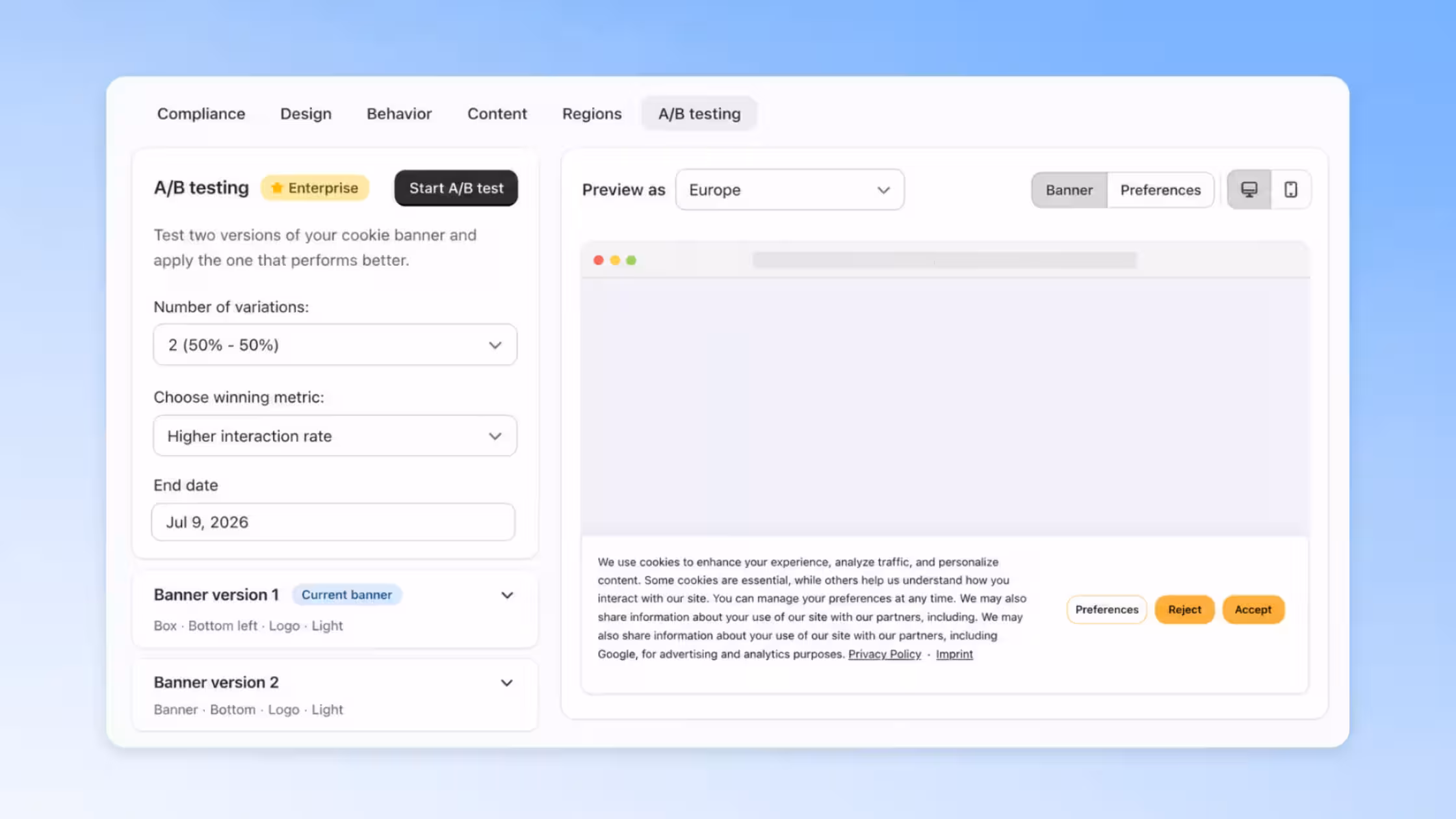A/B testing dashboard for comparing cookie banner variations and optimizing consent performance.