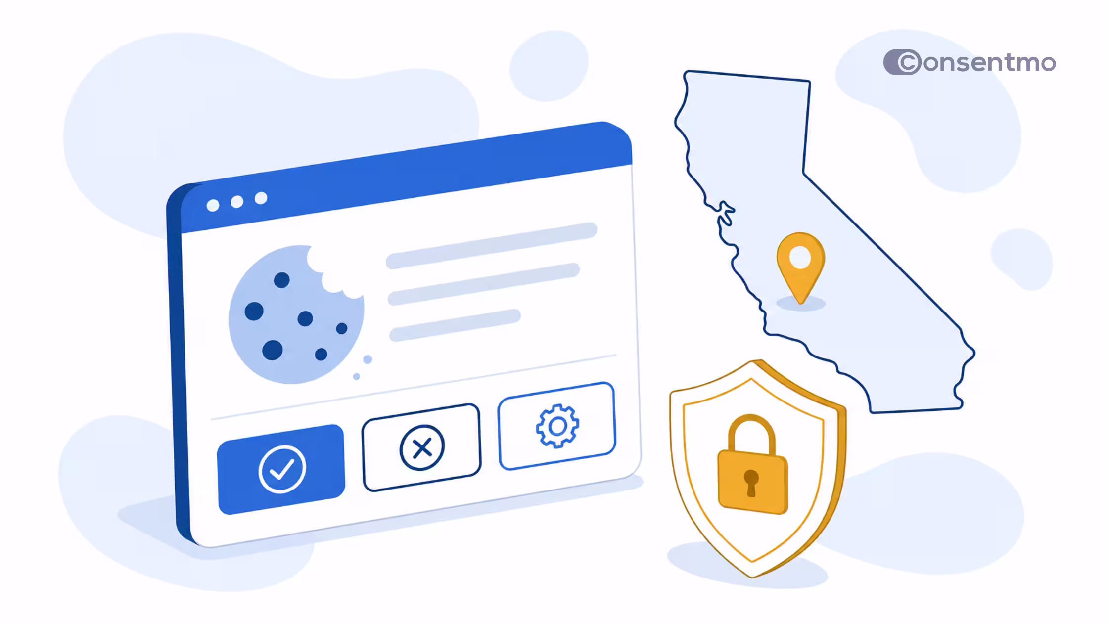CCPA cookie consent illustration with California map and privacy protection icon.