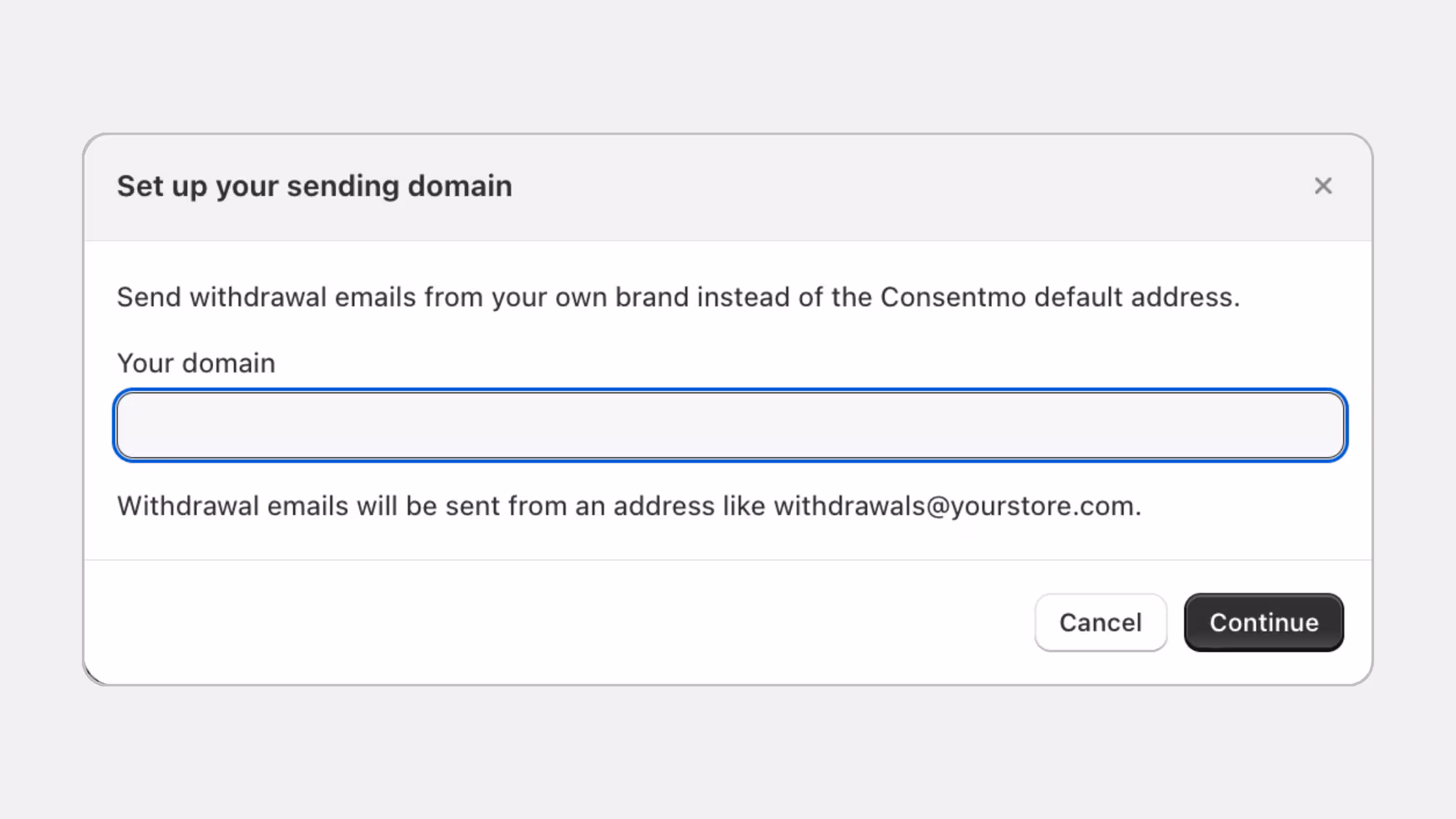 Custom sender domain setup for EU withdrawal emails in Consentmo.