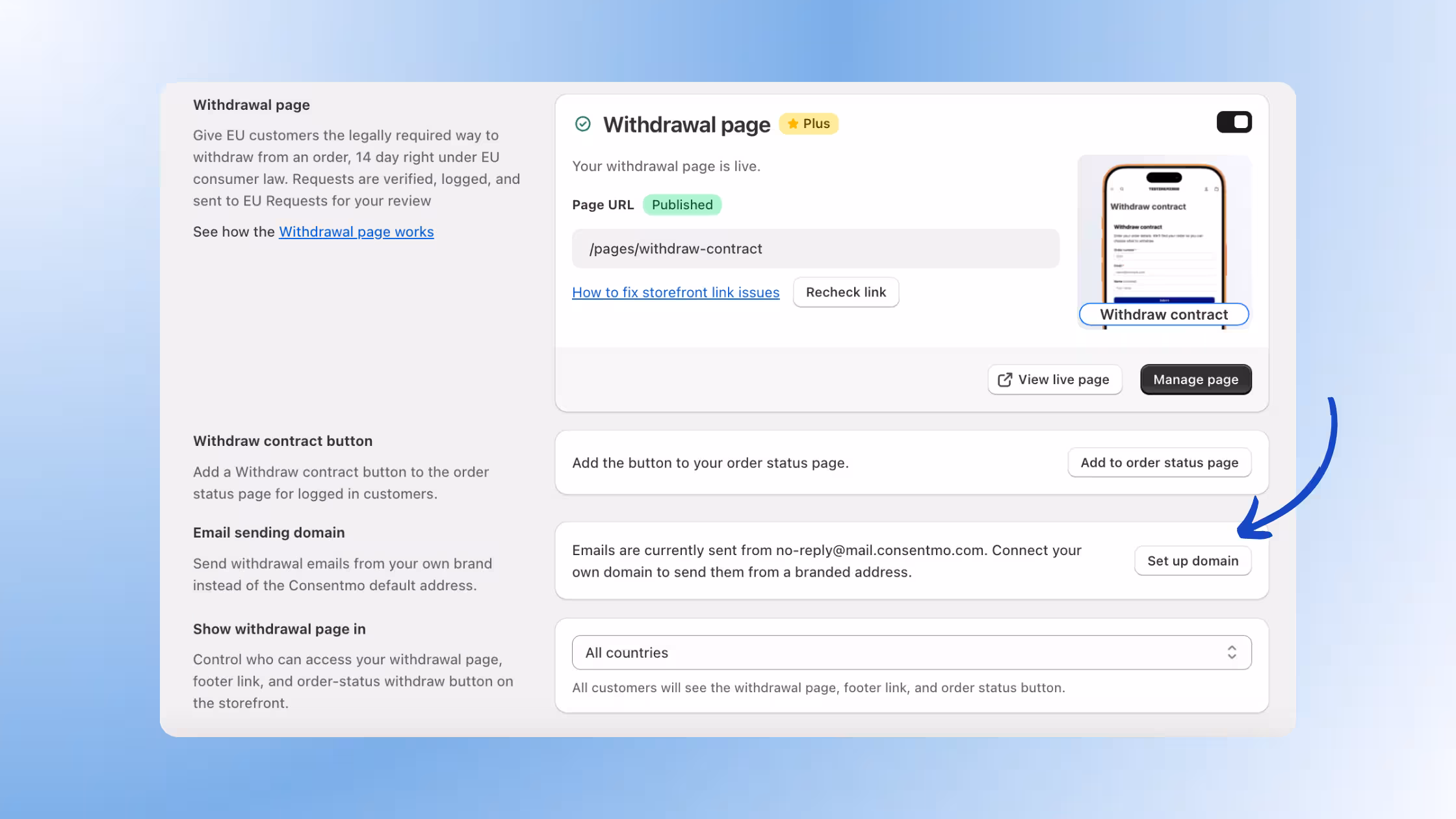 Email sending domain setup for branded withdrawal emails in Consentmo.