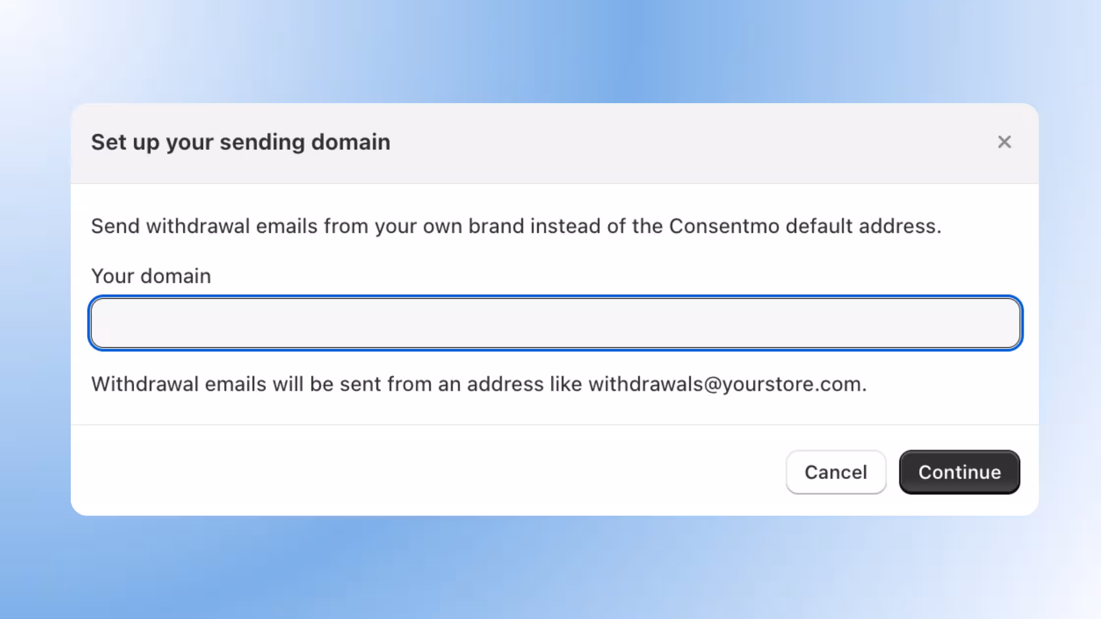 Custom sending domain modal for branded withdrawal emails.