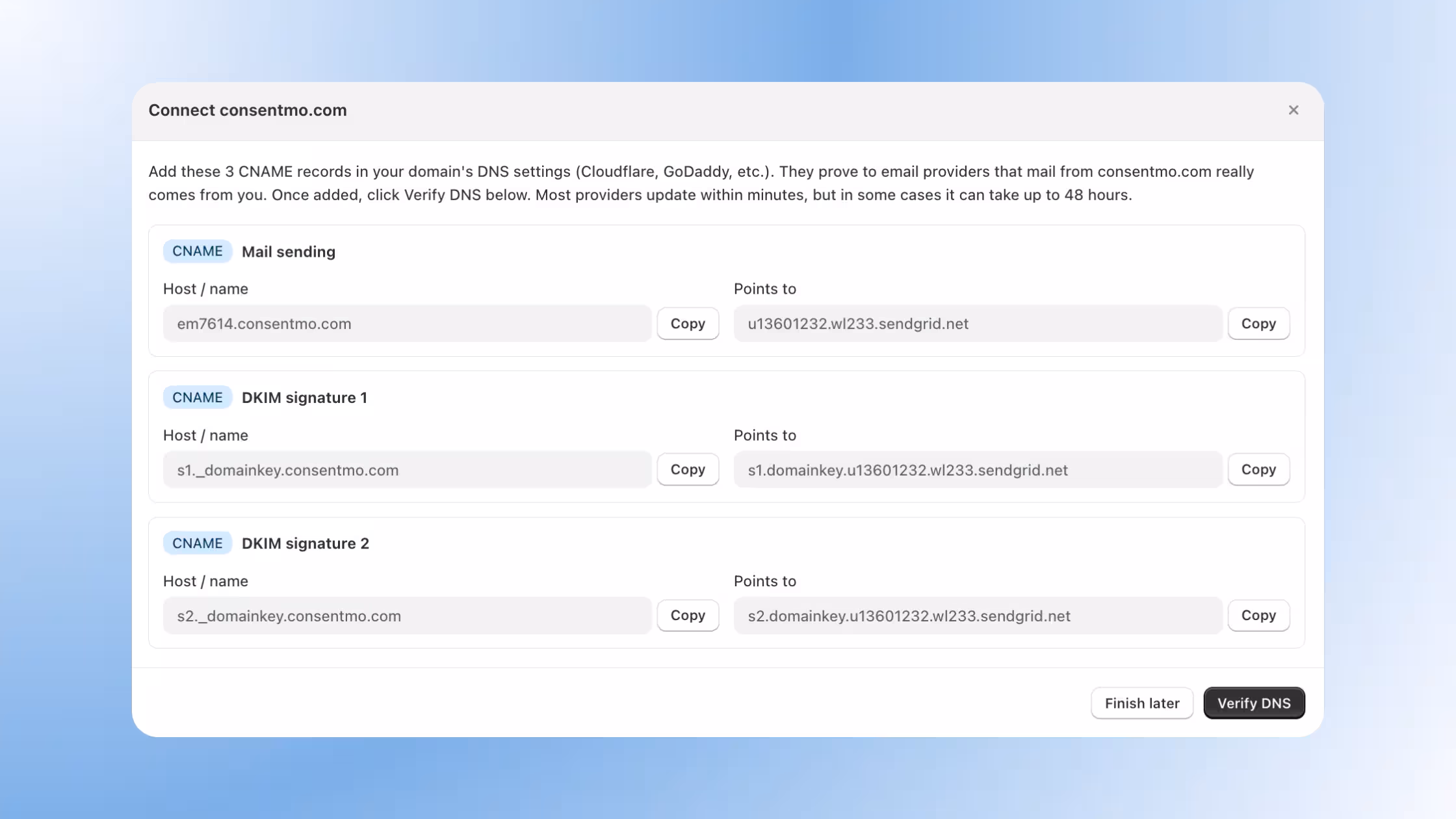DNS record setup for branded withdrawal email sending domain.