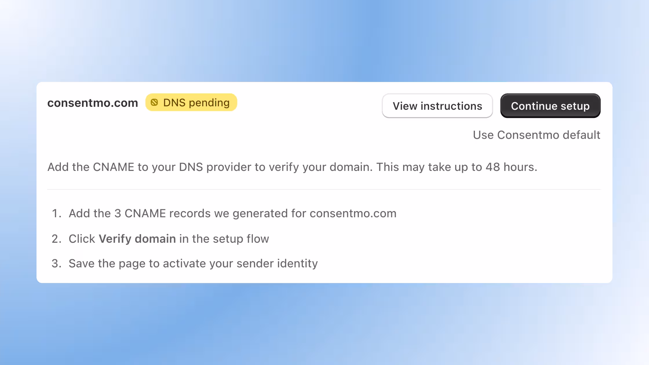 DNS pending status for a branded withdrawal email sending domain.