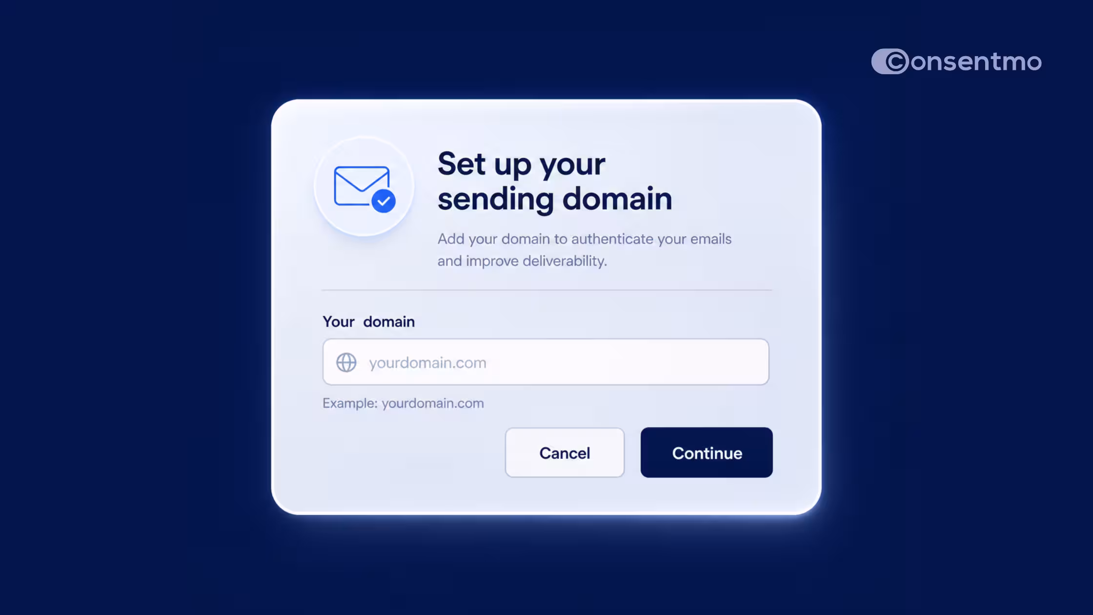 Sending domain setup screen for branded email authentication in Consentmo.