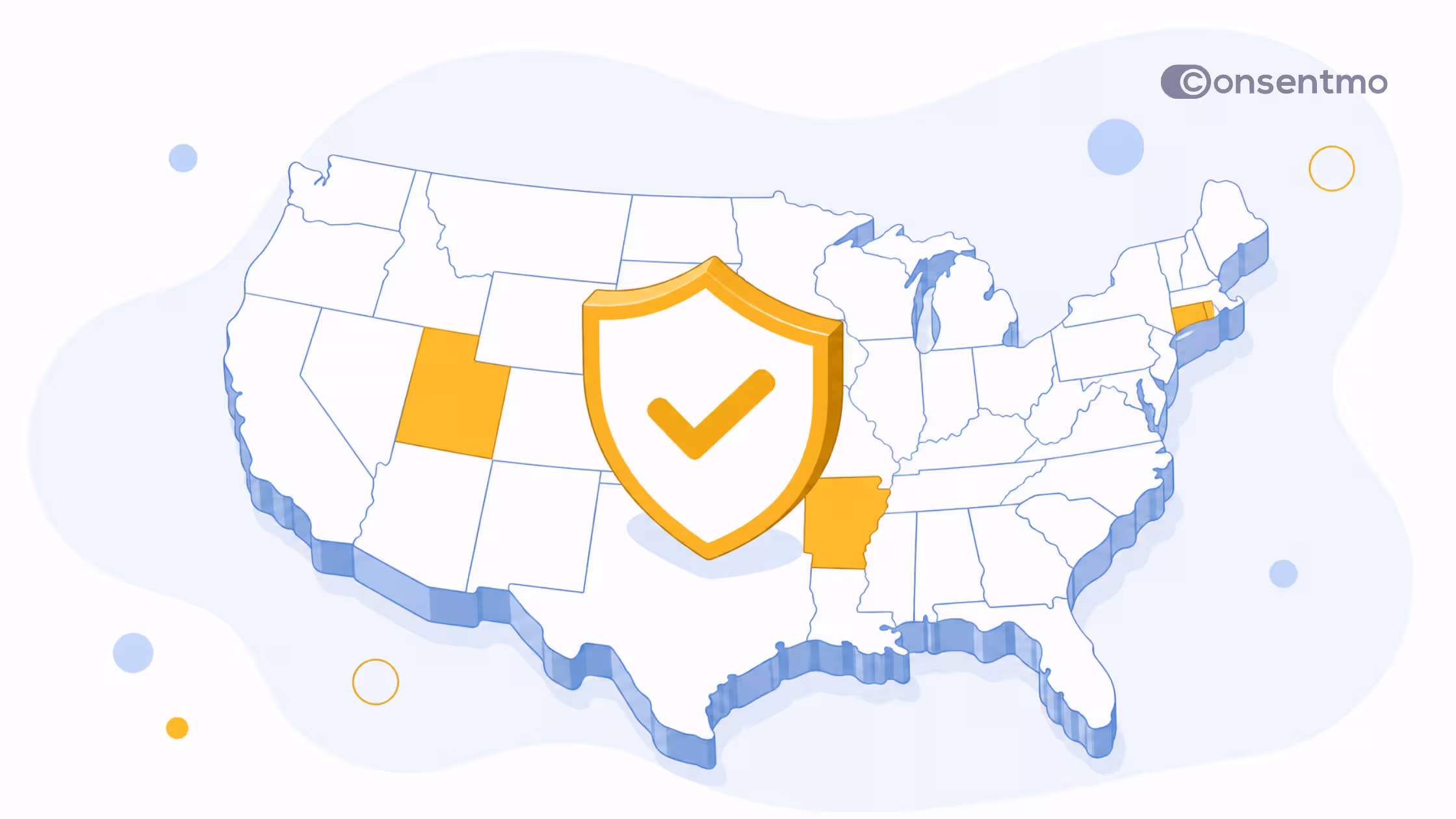 US privacy law update map highlighting selected states with Consentmo compliance shield.