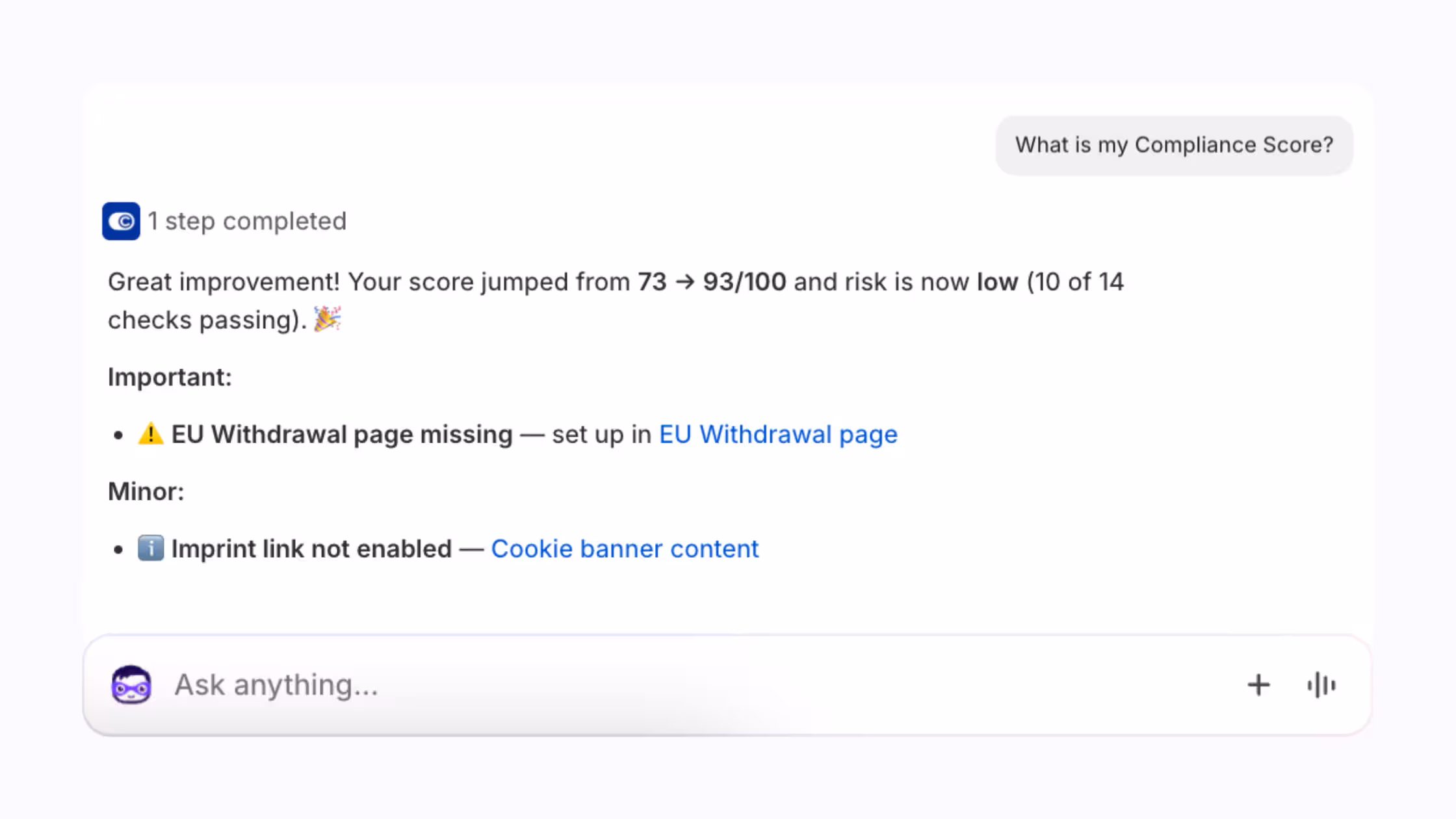 Consentmo Sidekick showing compliance score improvements and remaining setup recommendations.