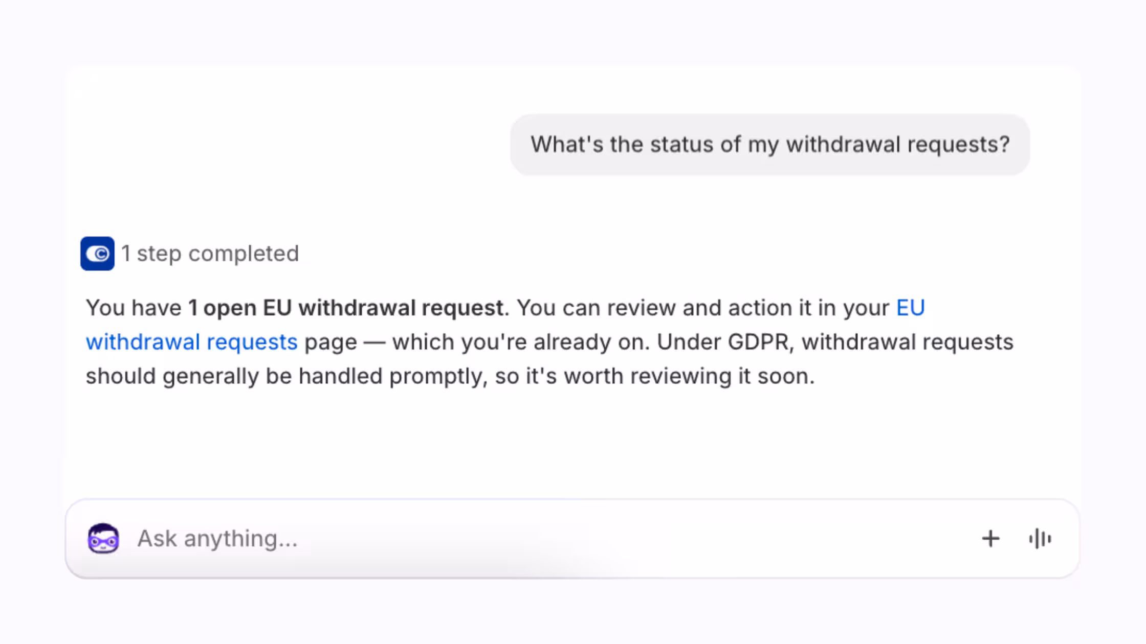 Consentmo Sidekick showing the status of open EU withdrawal requests.