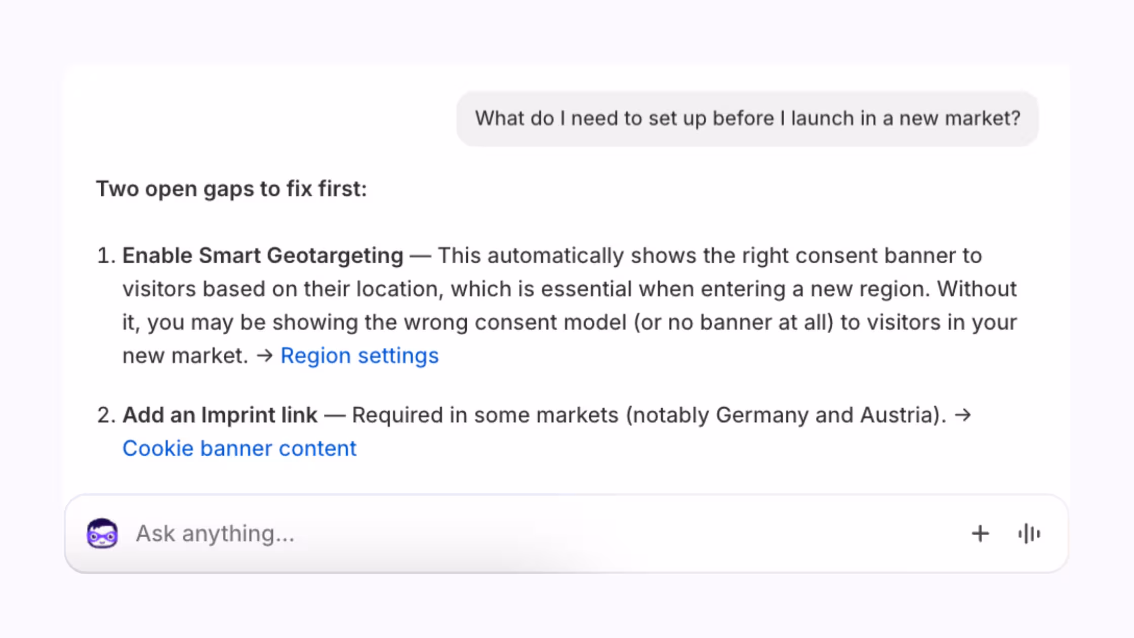 Consentmo Sidekick suggesting setup steps before launching in a new market.