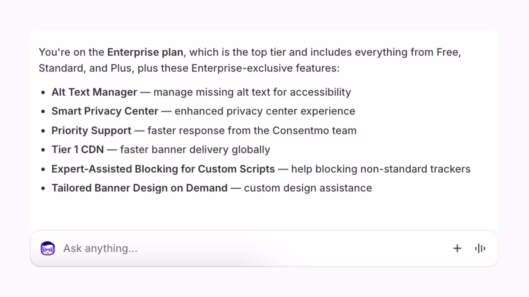 Consentmo Sidekick showing Enterprise plan features, including priority support and advanced compliance tools.