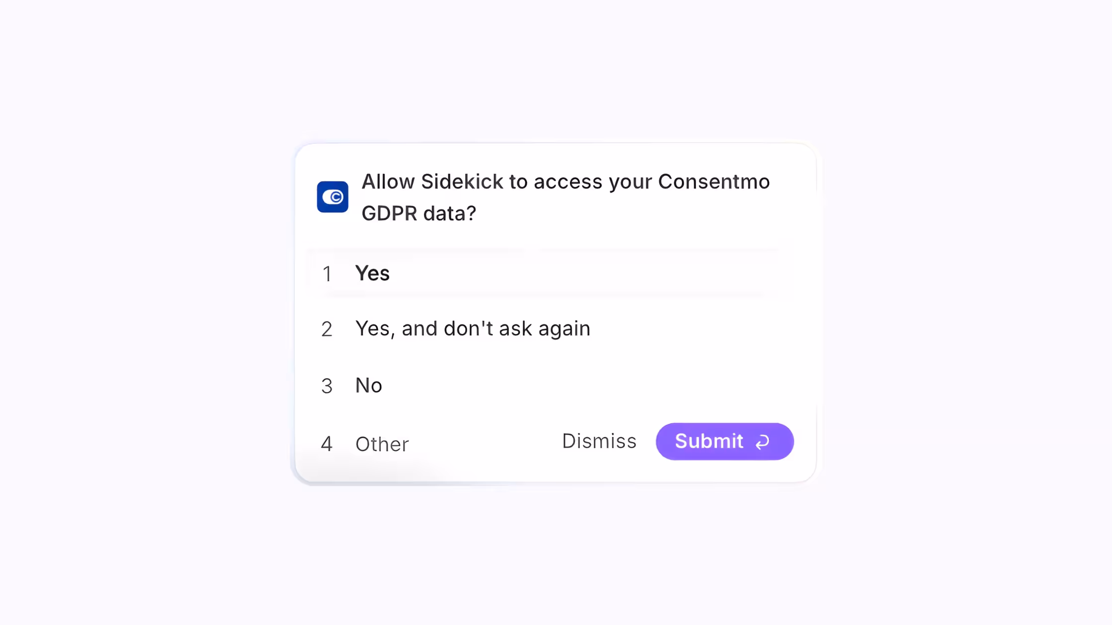 Sidekick access prompt asking permission to connect with Consentmo GDPR data.