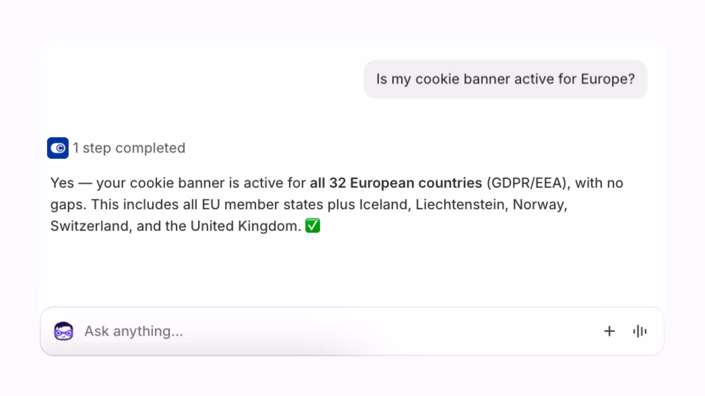 Consentmo Sidekick integration answering whether a cookie banner is active for Europe.