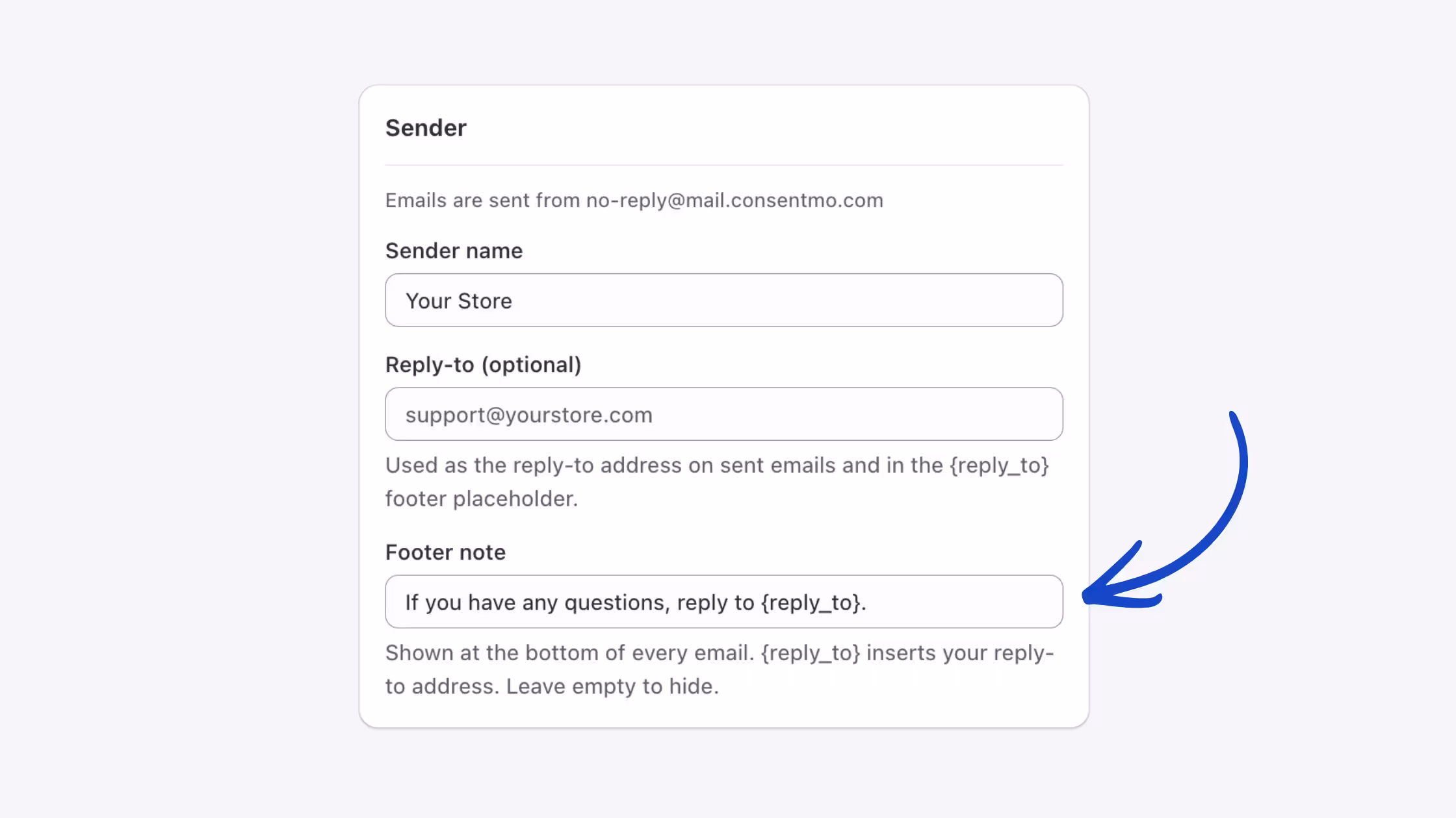 Sender settings for withdrawal emails with reply-to address and footer note options.