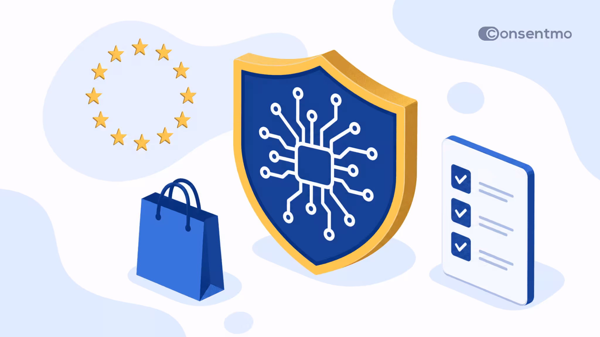 AI compliance illustration showing a shield, EU stars, checklist, and shopping bag for Shopify privacy protection.