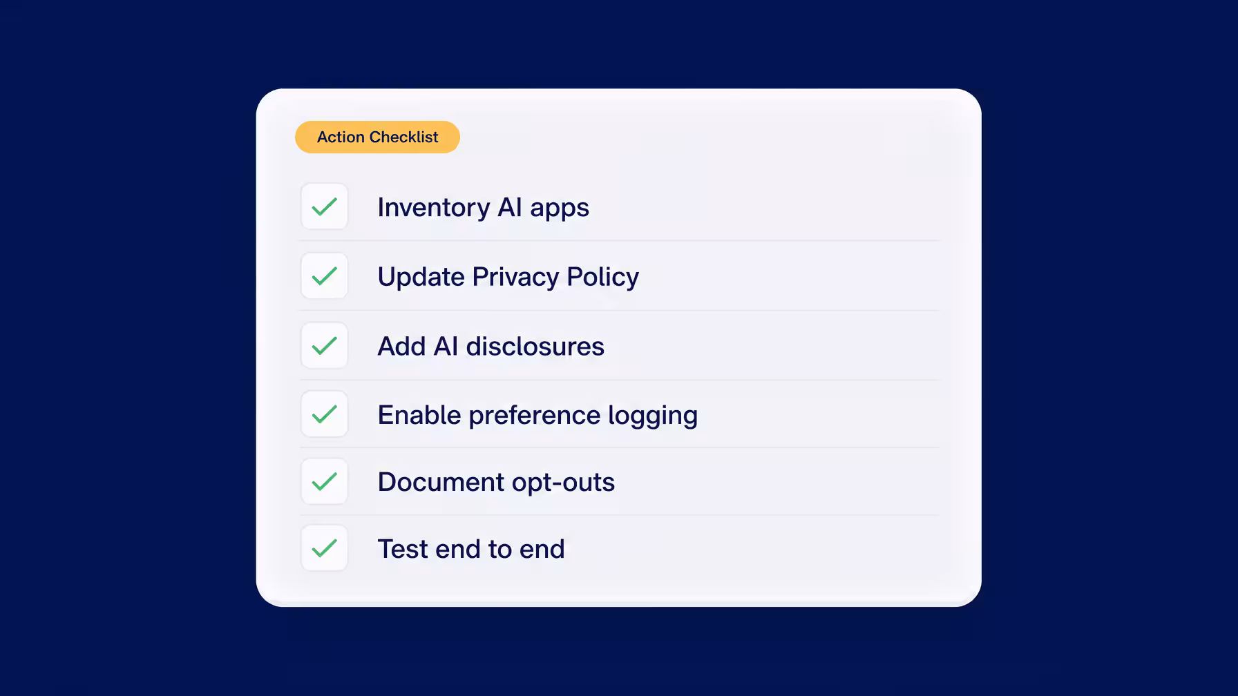 AI compliance action checklist showing steps to inventory apps, update policies, add disclosures, log preferences, document opt-outs, and test setup.