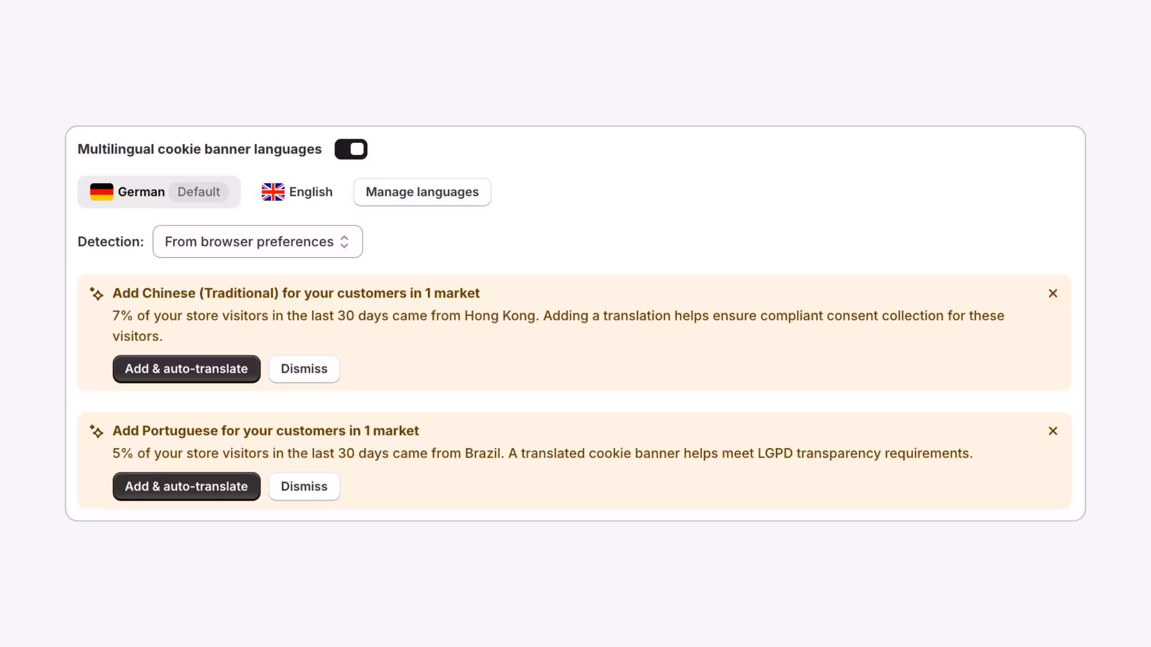 Cookie banner language suggestions showing recommended translations based on visitor traffic location.