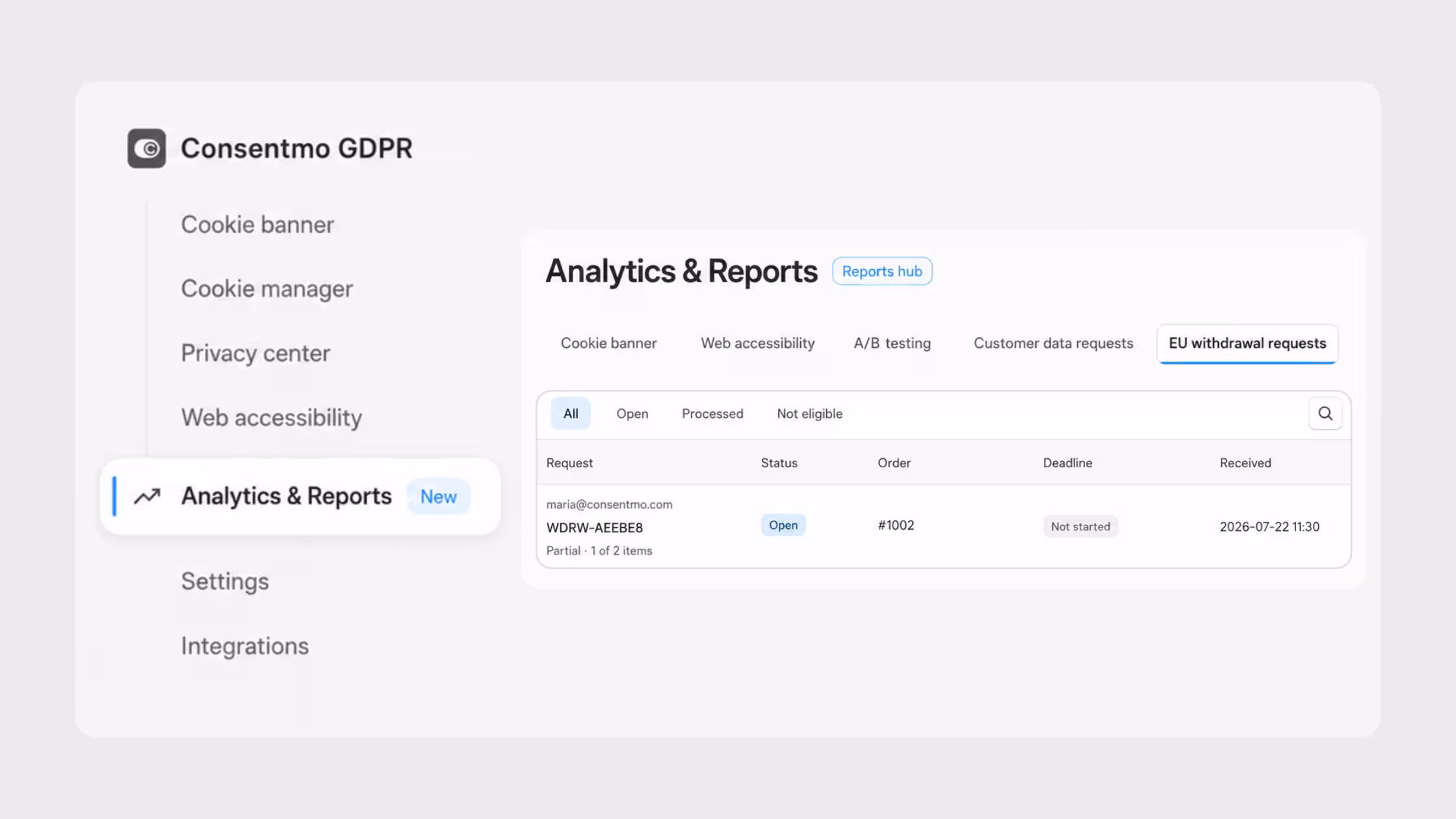 Consentmo Analytics & Reports page showing EU withdrawal requests inside the app dashboard.