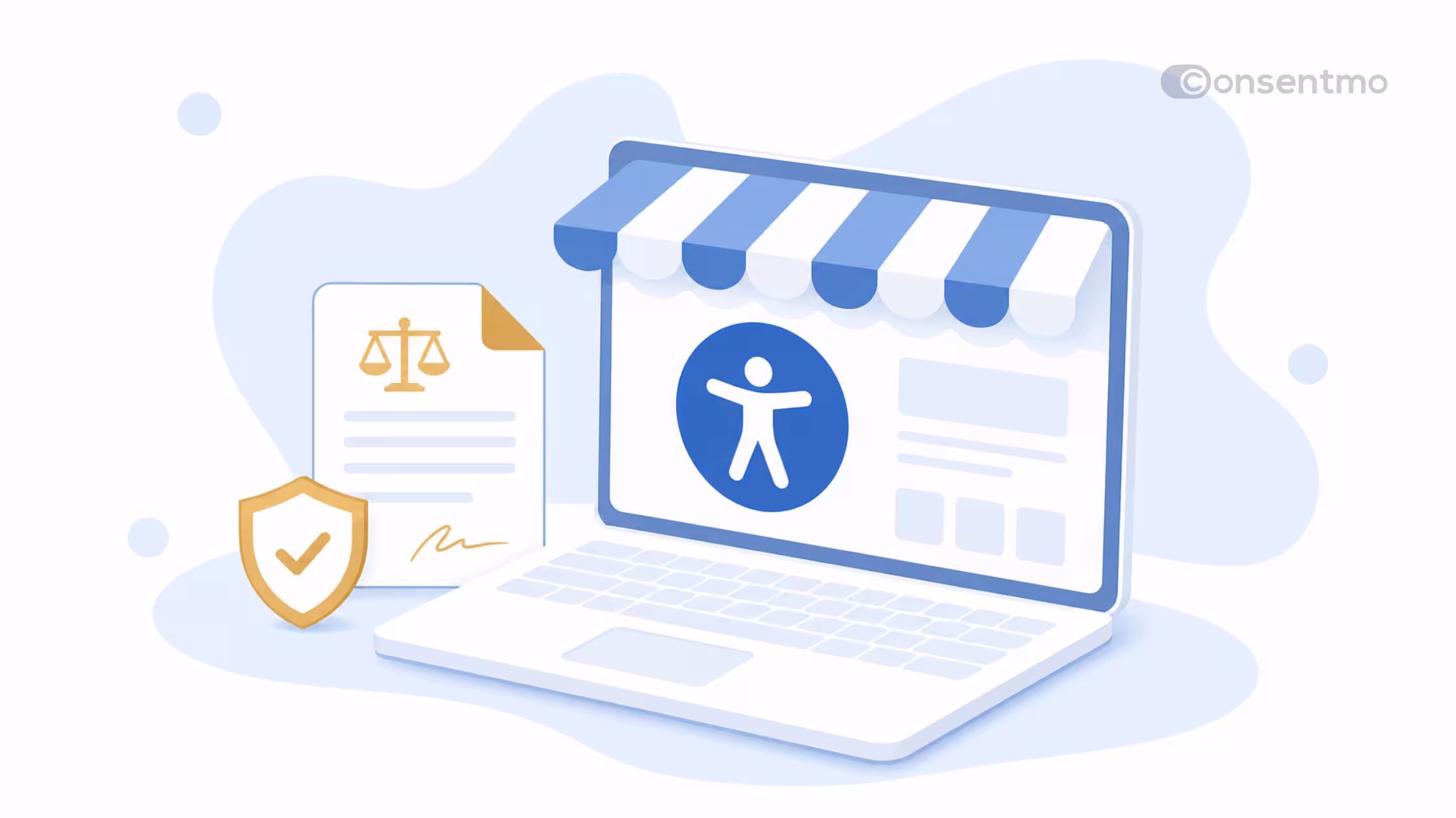 Web accessibility compliance illustration showing an online store, legal document, and protection shield for ADA lawsuit readiness.
