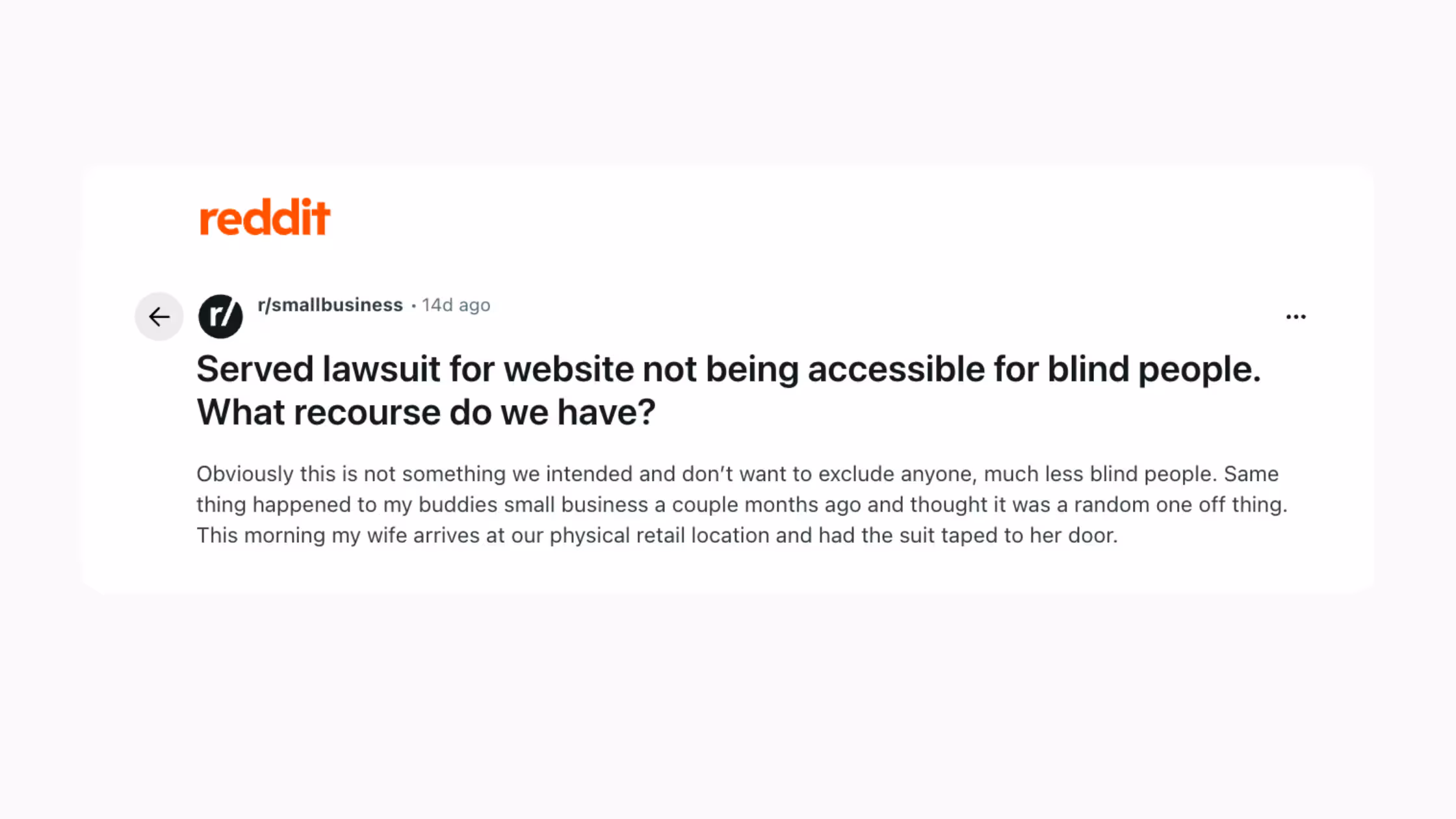 Reddit post screenshot about a small business receiving a website accessibility lawsuit.