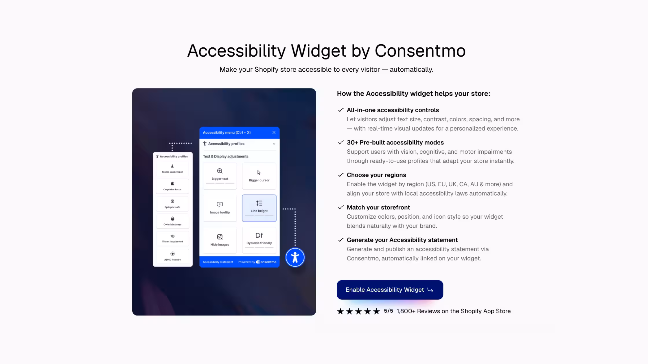 Consentmo accessibility widget page showing accessibility controls, regional settings, customization options, and enable button.