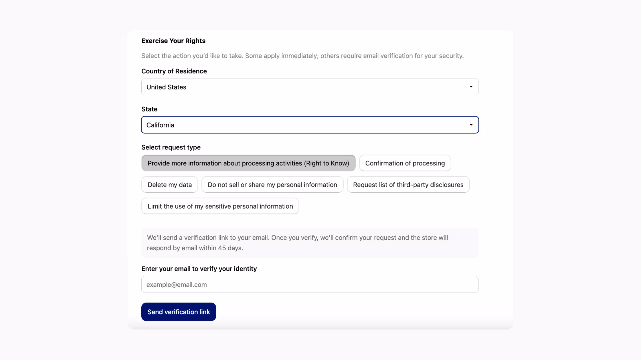 CCPA privacy request form showing state selection, request type options, and email verification.