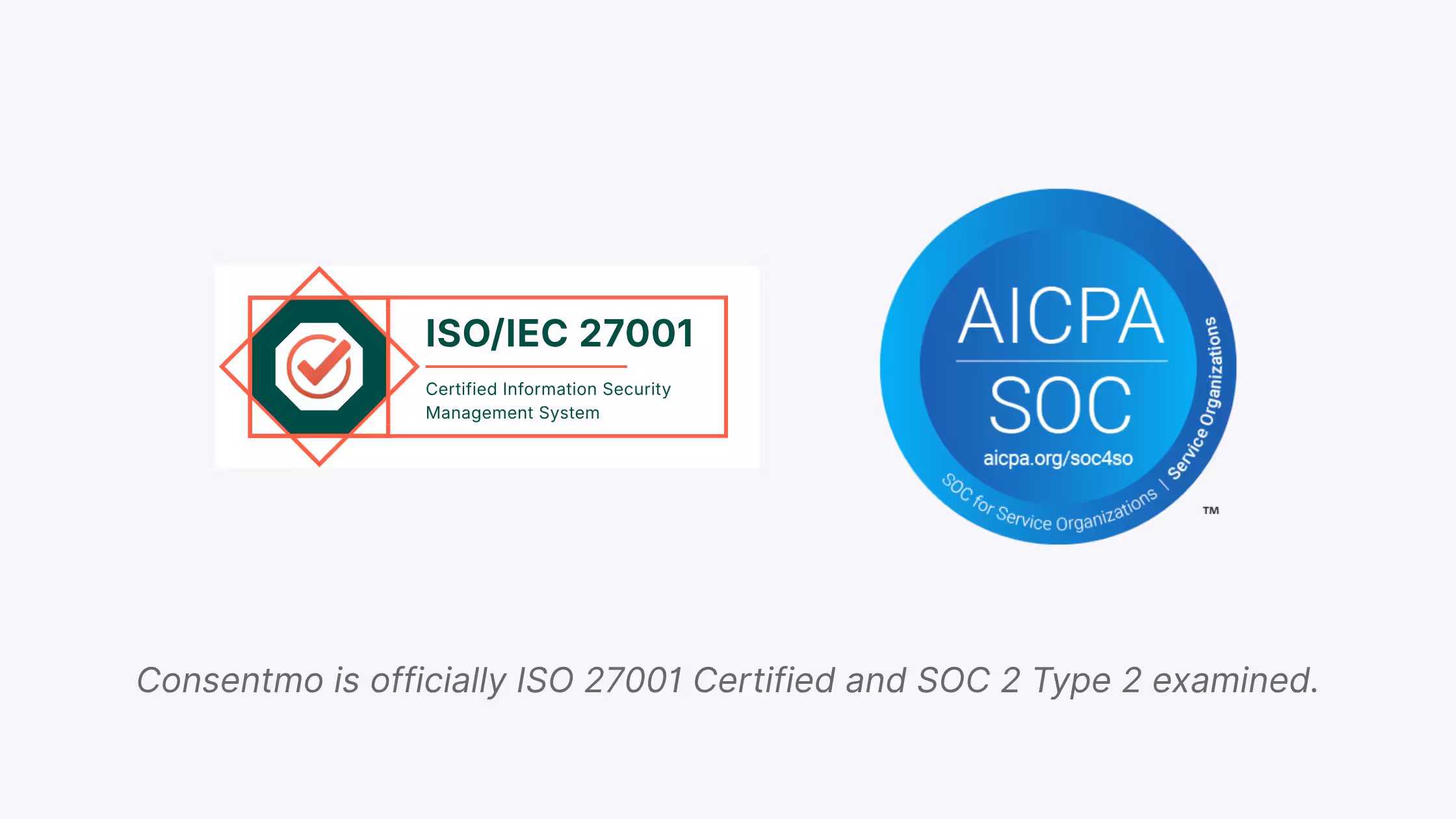 Consentmo security certifications highlighting ISO 27001 certification and SOC 2 Type II compliance.