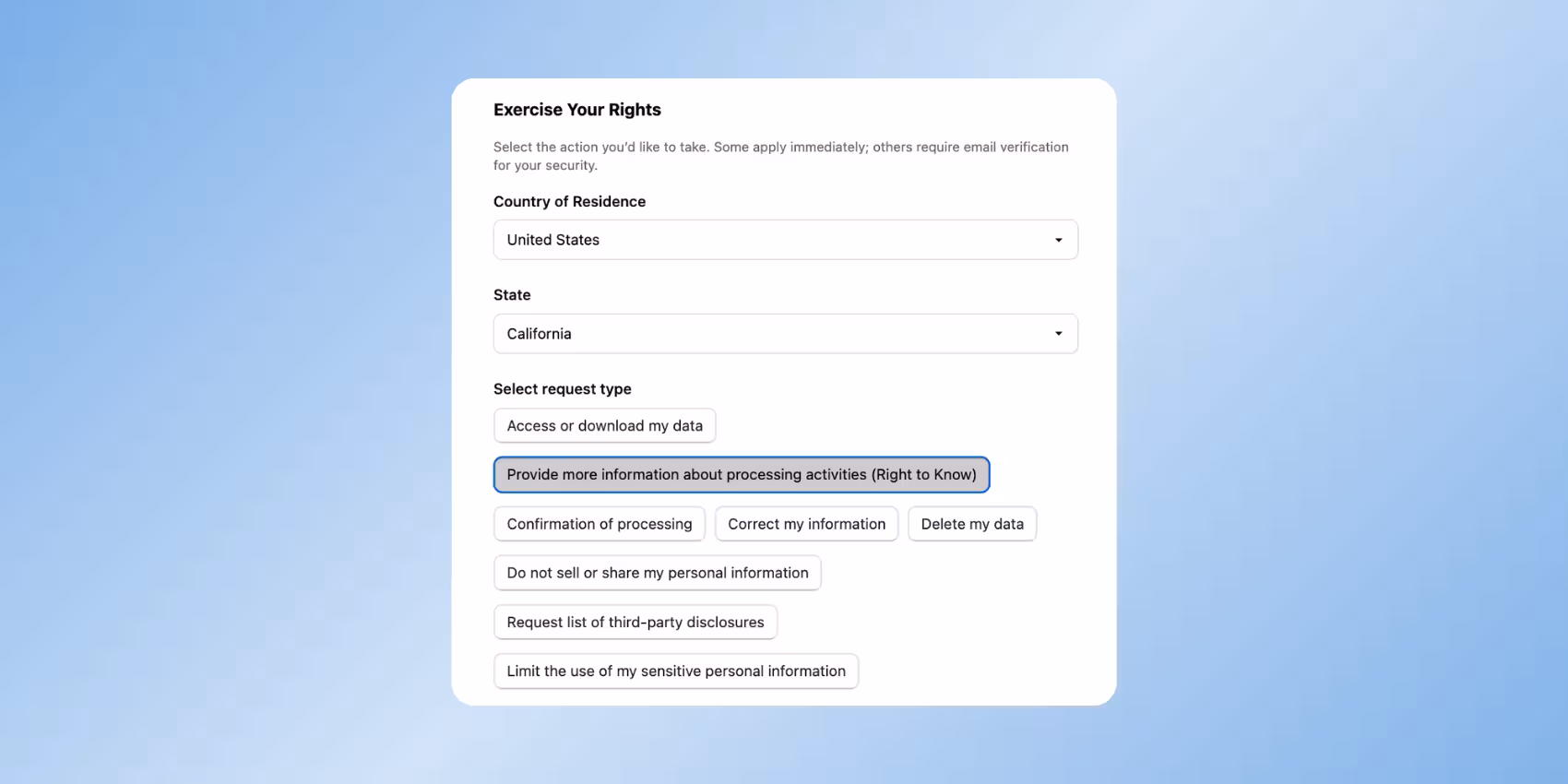 Consentmo Smart Privacy Center with customizable U.S. privacy rights request forms for CCPA and state privacy law compliance on Shopify.