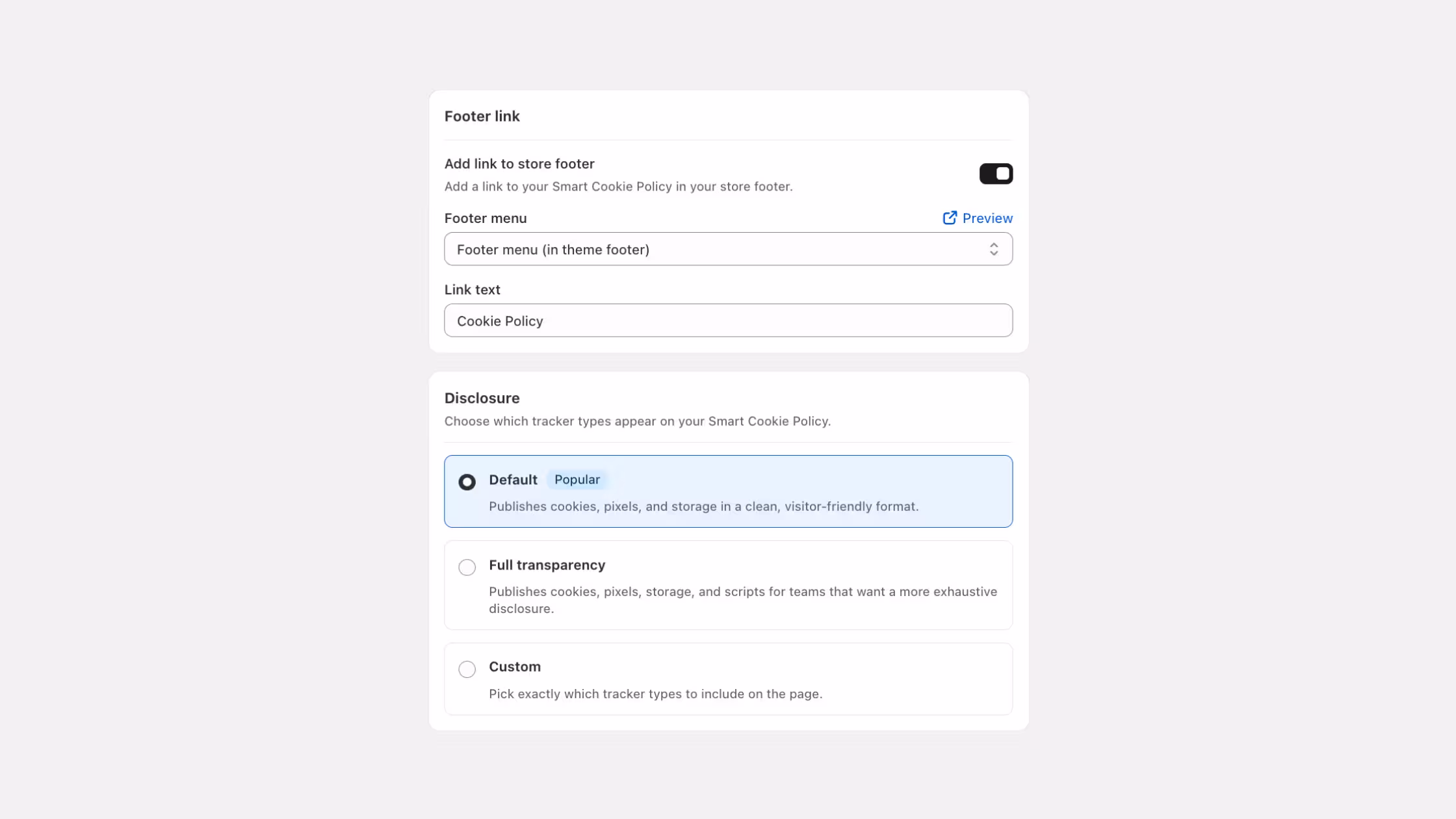 Smart Cookie Policy settings for footer links and tracker disclosure levels.